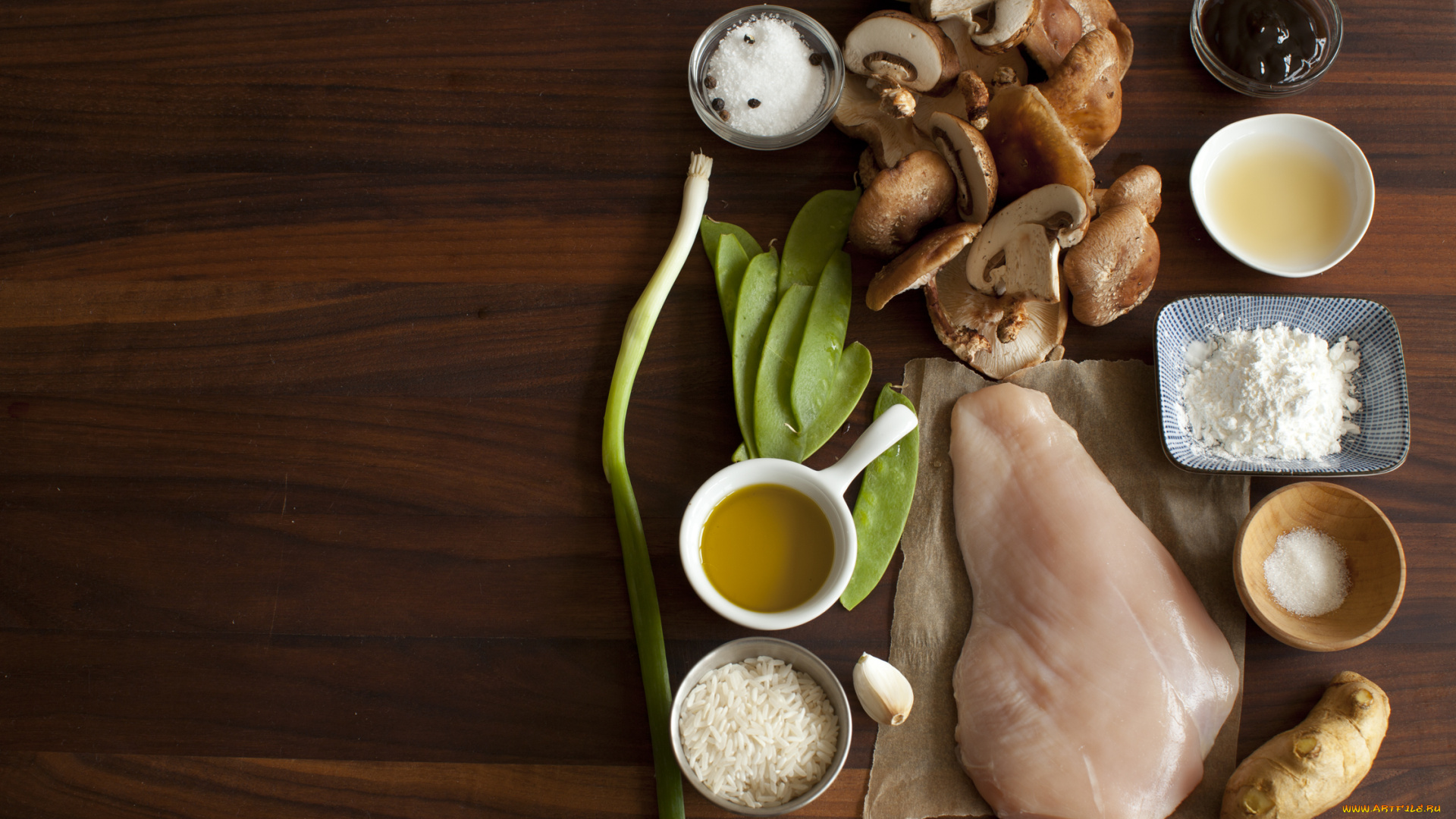 еда, разное, имбирь, горох, грибы, мясо, ингредиенты