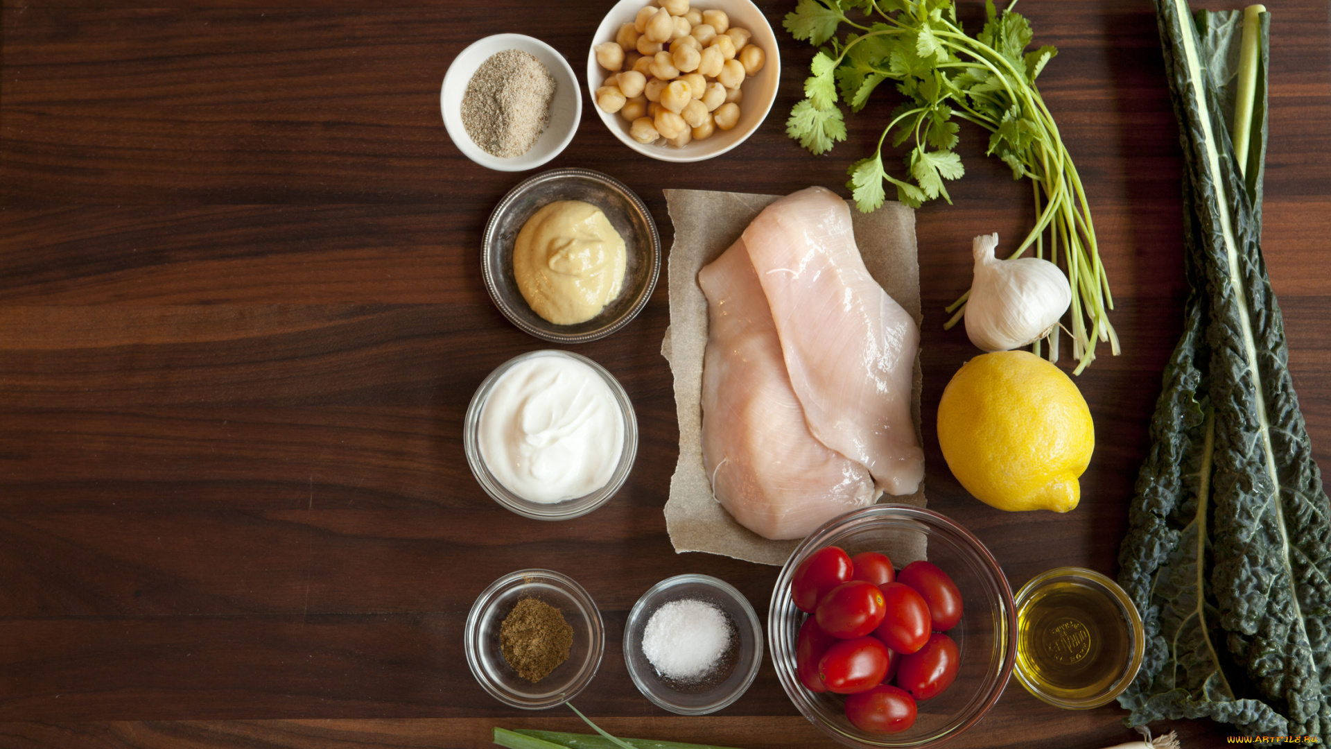 еда, разное, орехи, помидоры, лимон, мясо, ингредиенты, петрушка