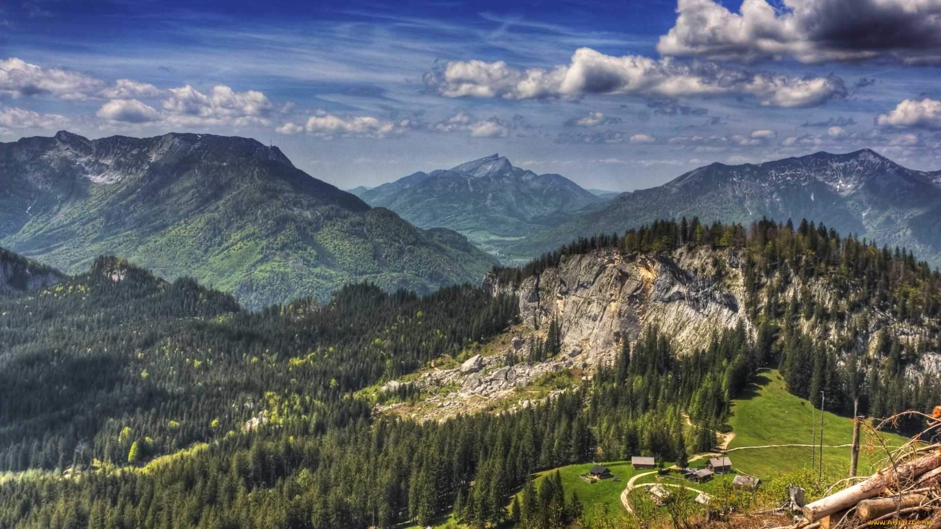 goisern, austria, природа, горы, ели, постройки