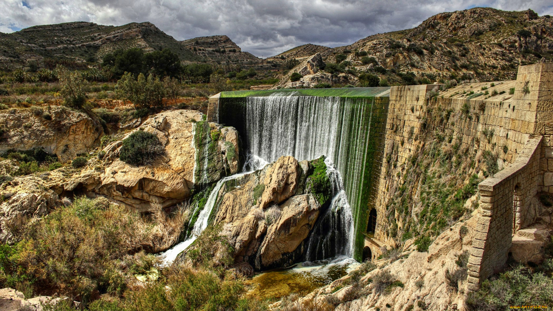 природа, водопады, водопад, дамба, река, деревья, камни, горы