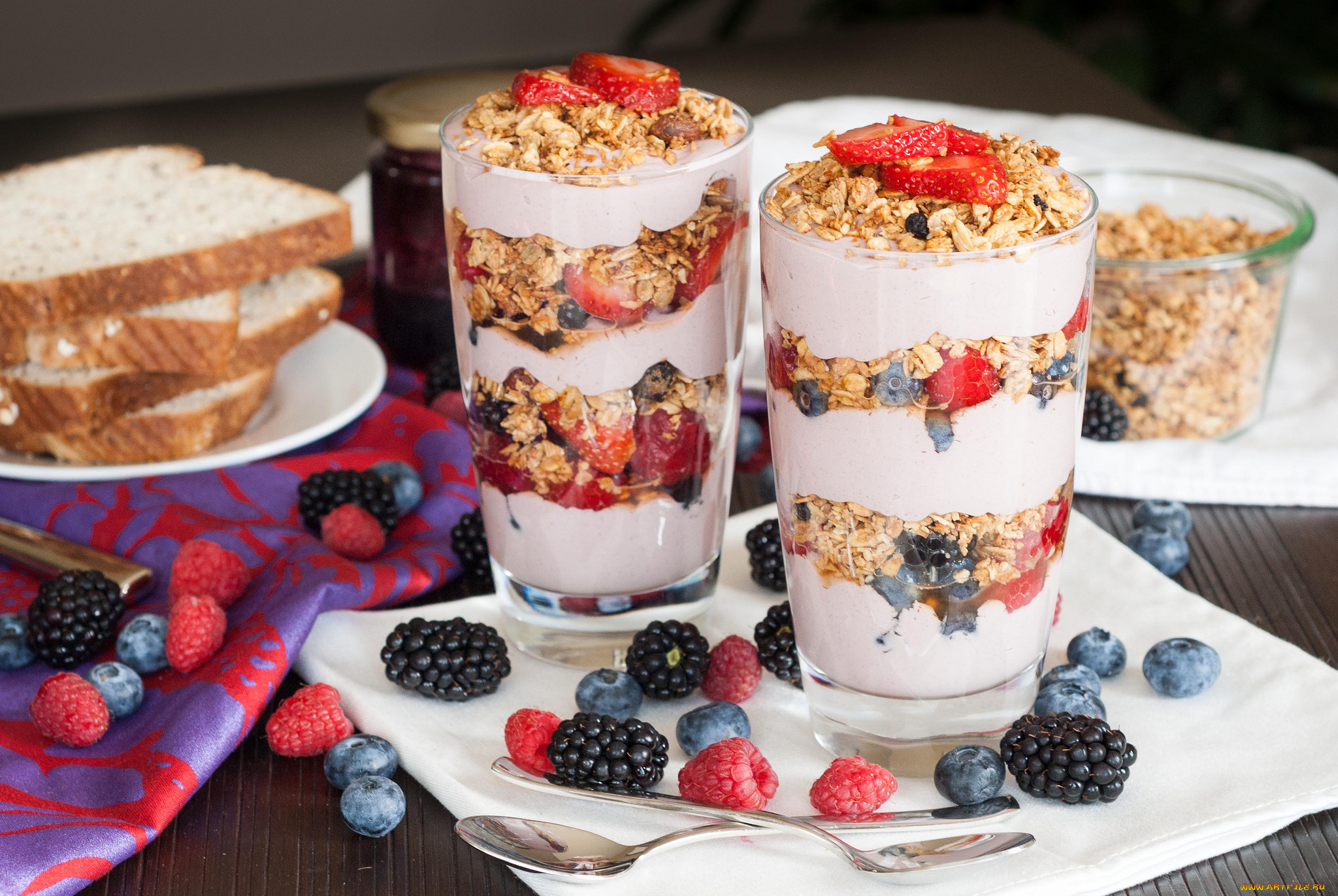 еда, мороженое, десерты, овсяные, хлопья, йогурт, ягоды, стаканы
