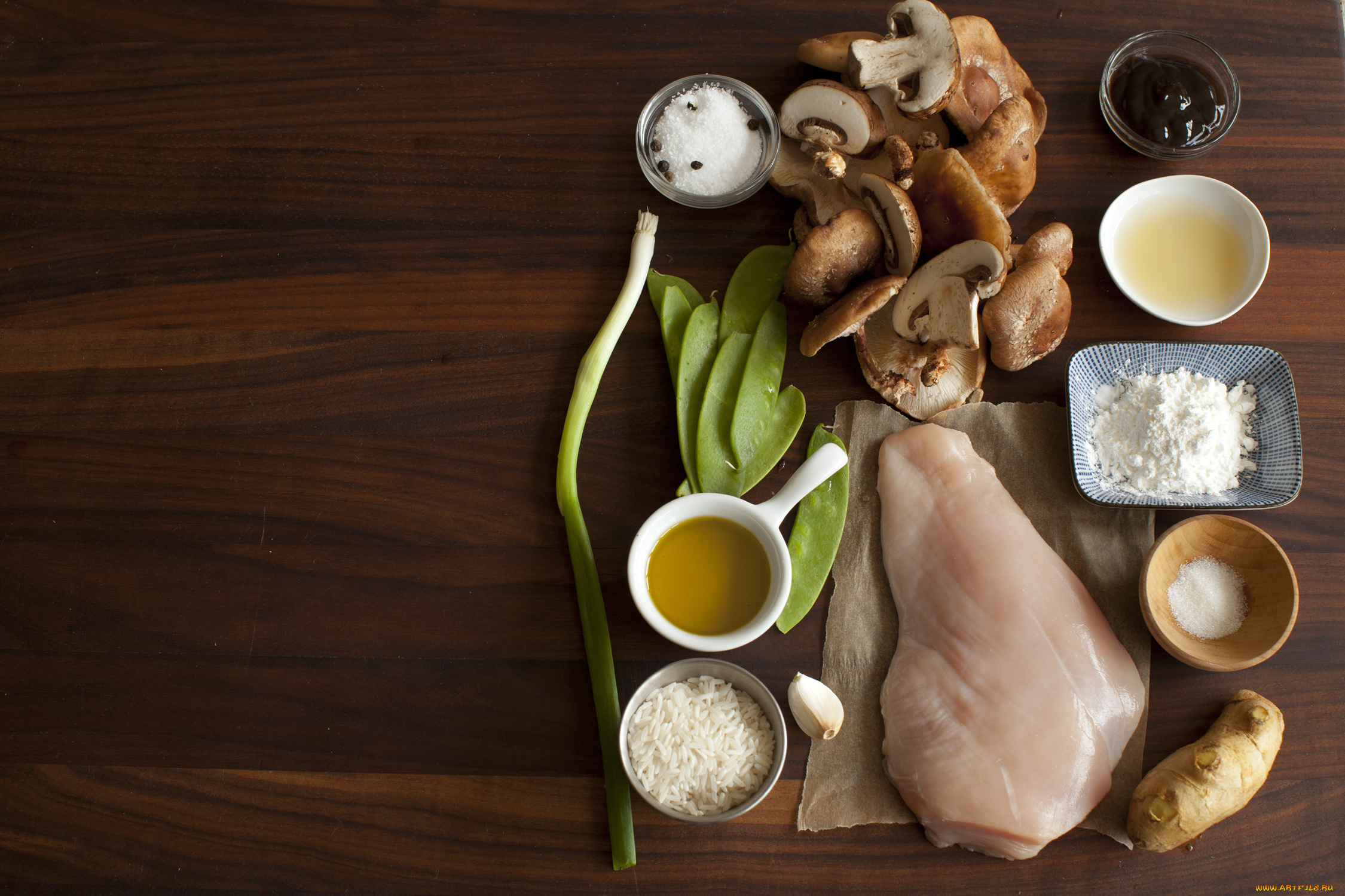 еда, разное, имбирь, горох, грибы, мясо, ингредиенты