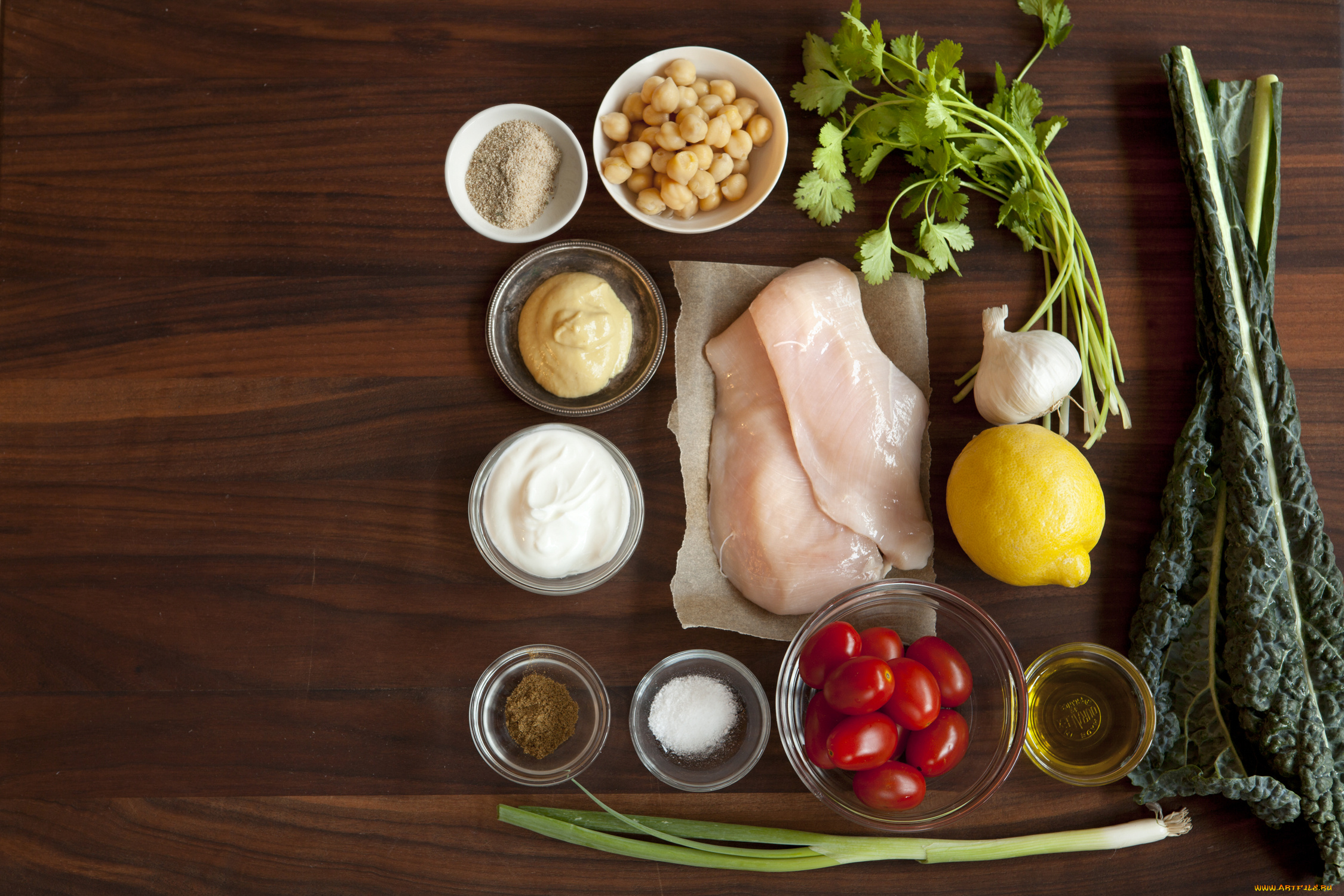 еда, разное, орехи, помидоры, лимон, мясо, ингредиенты, петрушка