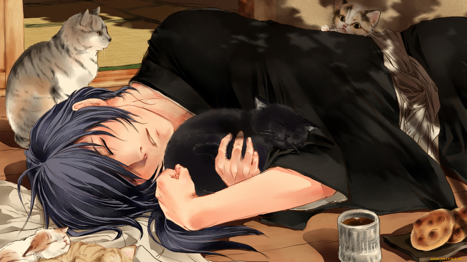 аниме, hakuoki, чай, коты, спит, парень, saitou, hajime, hakuouki, shinsengumi