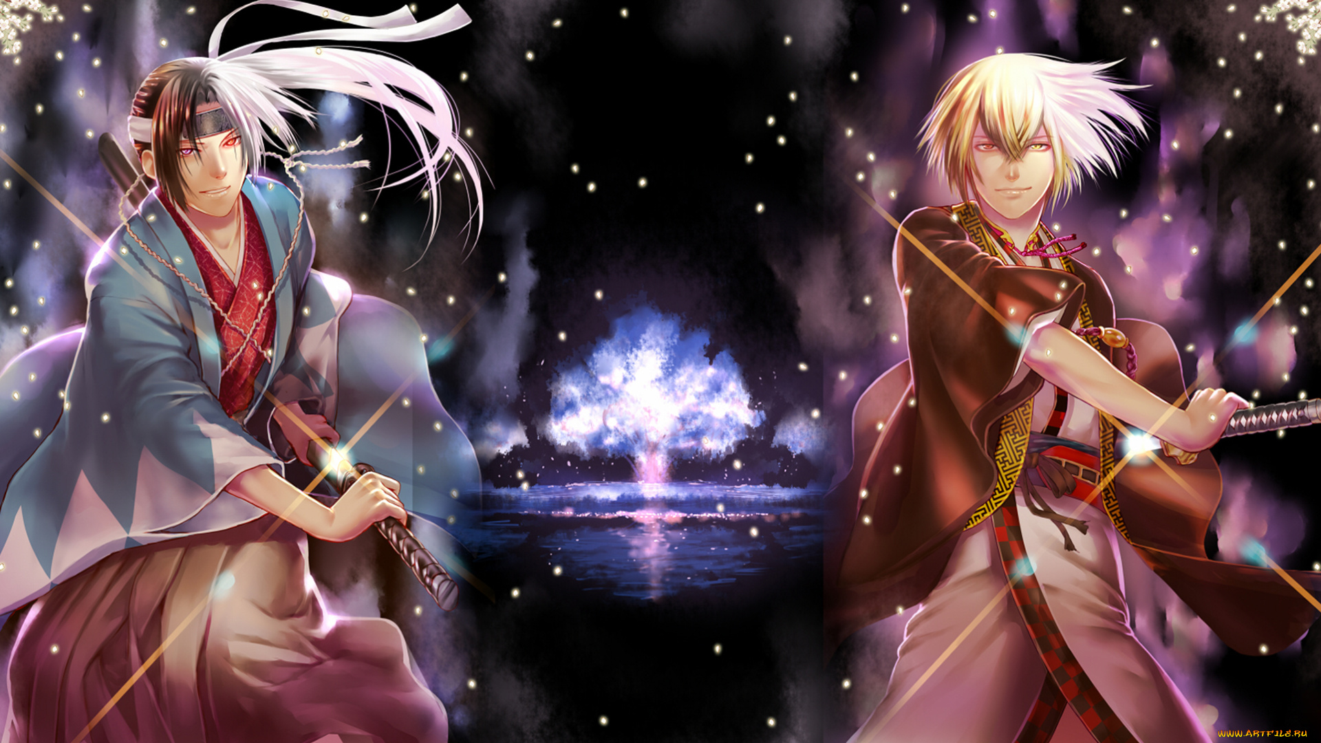 аниме, hakuoki, chigake, kazama, hijikata, toshizou, синсэнгуми, демоны, сакуры, ночь, дерево, мечи, hakuouki, shinsengumi, kitan, демон, мужчины