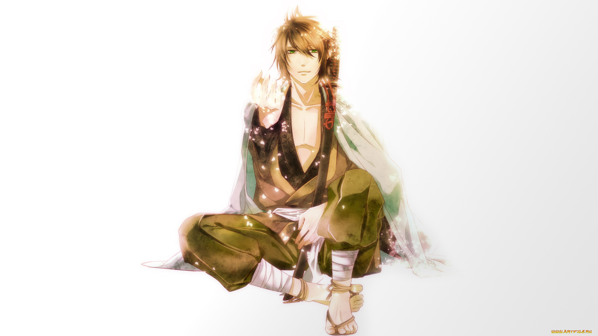 аниме, hakuoki, свет, лепестки, сакура, улыбка, демоны, бледной, сакуры, okita, souji, меч, shinsengumi, kitan, hakuouki, мужчина, катана, самурай