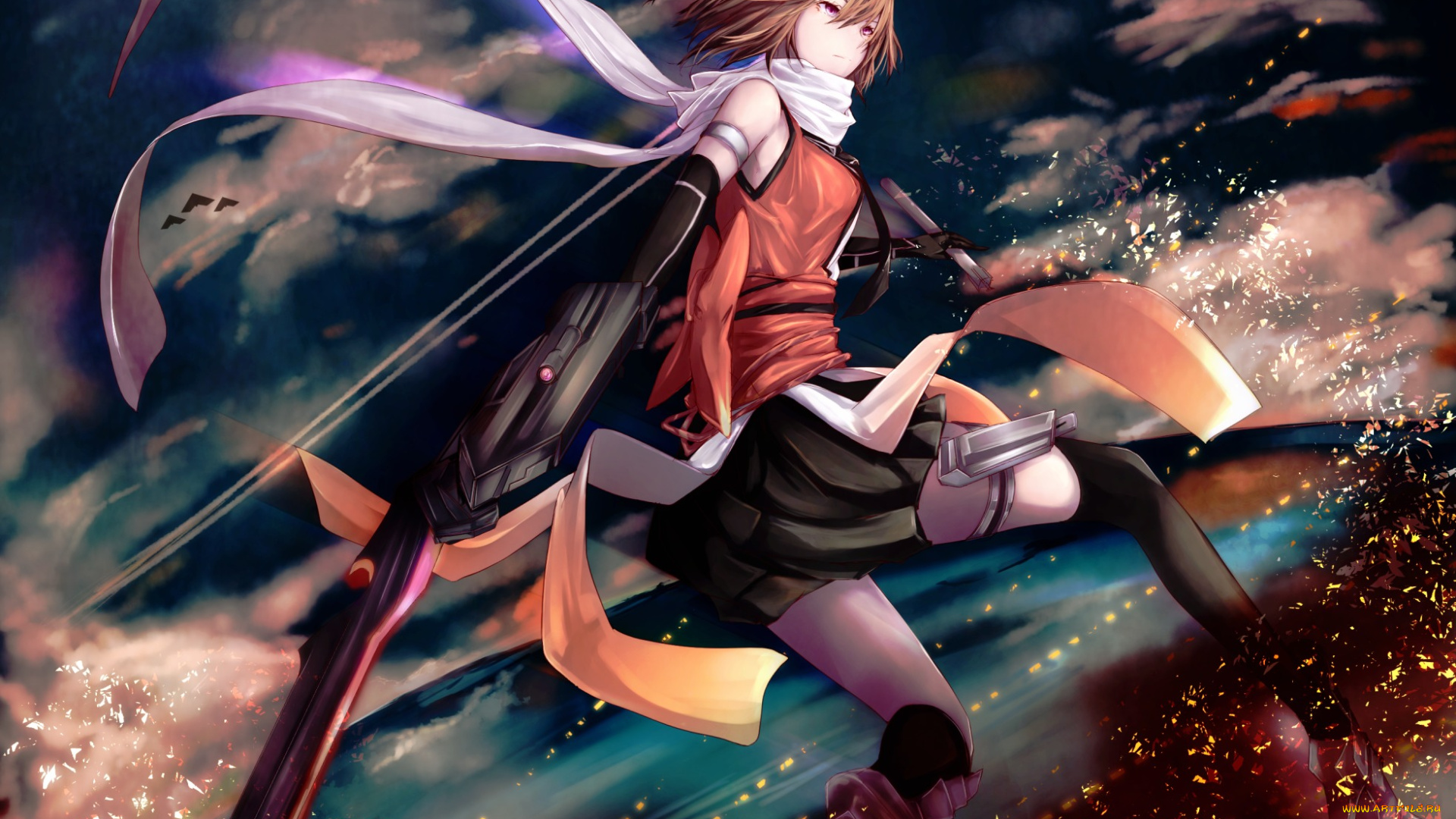 аниме, kantai, collection, art, marumoru, девушка, sendai, оружие, огонь, магия, kantai, collection