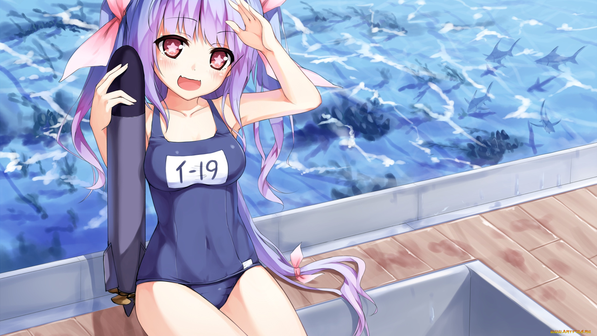 аниме, kantai, collection, art, yuri, shoutu, девушка, i-19, взгляд, радость, купальник, грудь, оружие, бассейн, kantai, collection