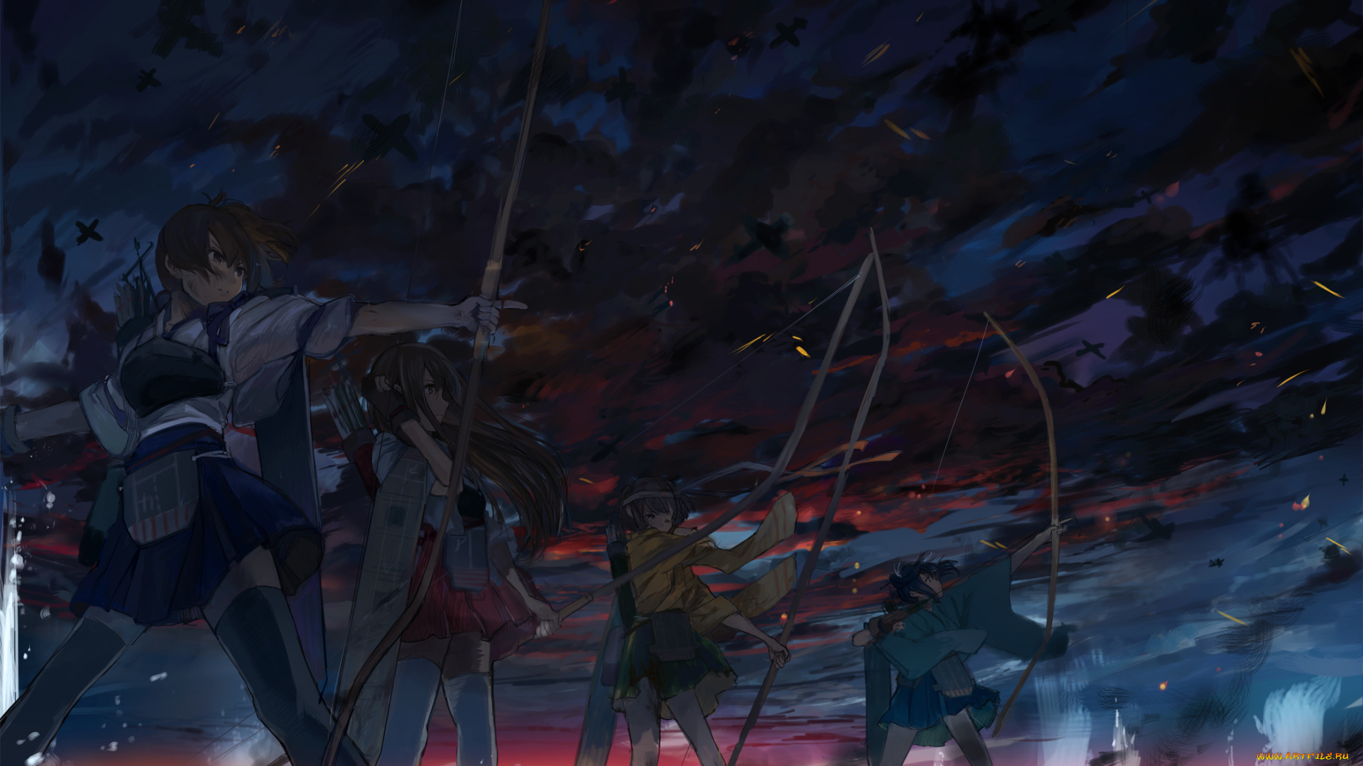 аниме, kantai, collection, девушки, kaga, aircraft, carrier, akagi, hiryuu, souryuu, оружие, лук, стрелы, море, дым, kantai, collection
