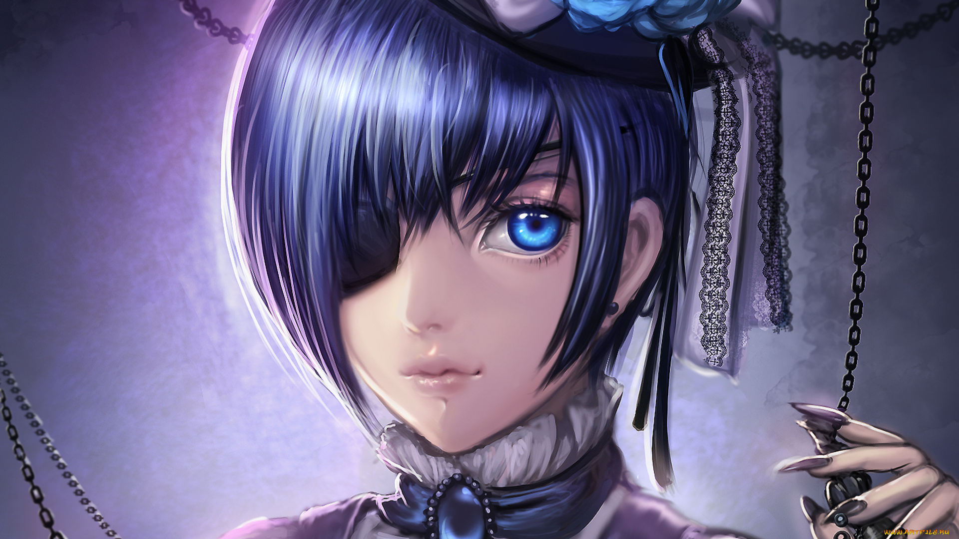 аниме, kuroshitsuji, повязка, цепь, цветы, парень, ciel, phantomhive, темный, дворецкий