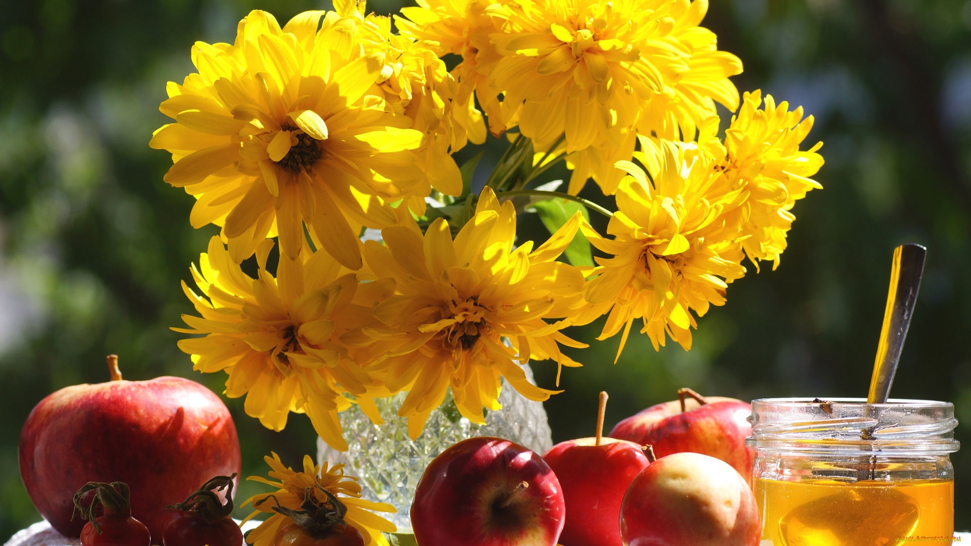 еда, натюрморт, мед, шиповник, яблоки, цветы