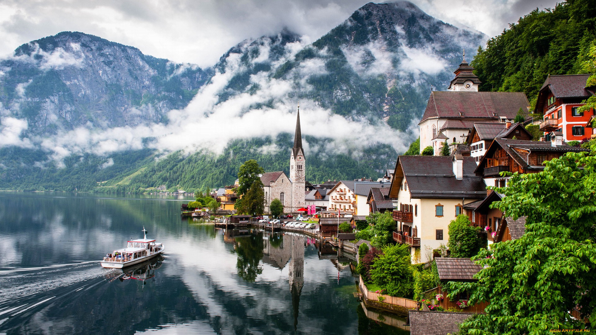 города, гальштат, , австрия, austria, горы, озеро, природа, церковь, hallstatt, дома, облака, город, гальштат, зальцкаммергут