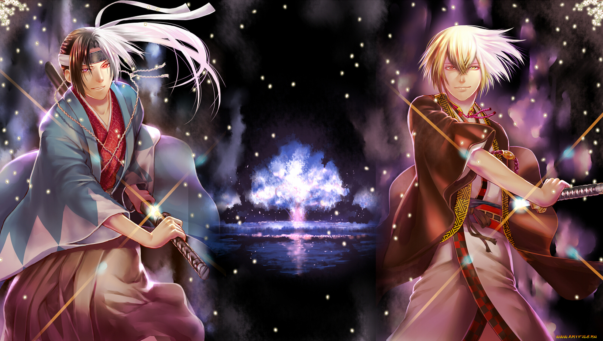 аниме, hakuoki, chigake, kazama, hijikata, toshizou, синсэнгуми, демоны, сакуры, ночь, дерево, мечи, hakuouki, shinsengumi, kitan, демон, мужчины