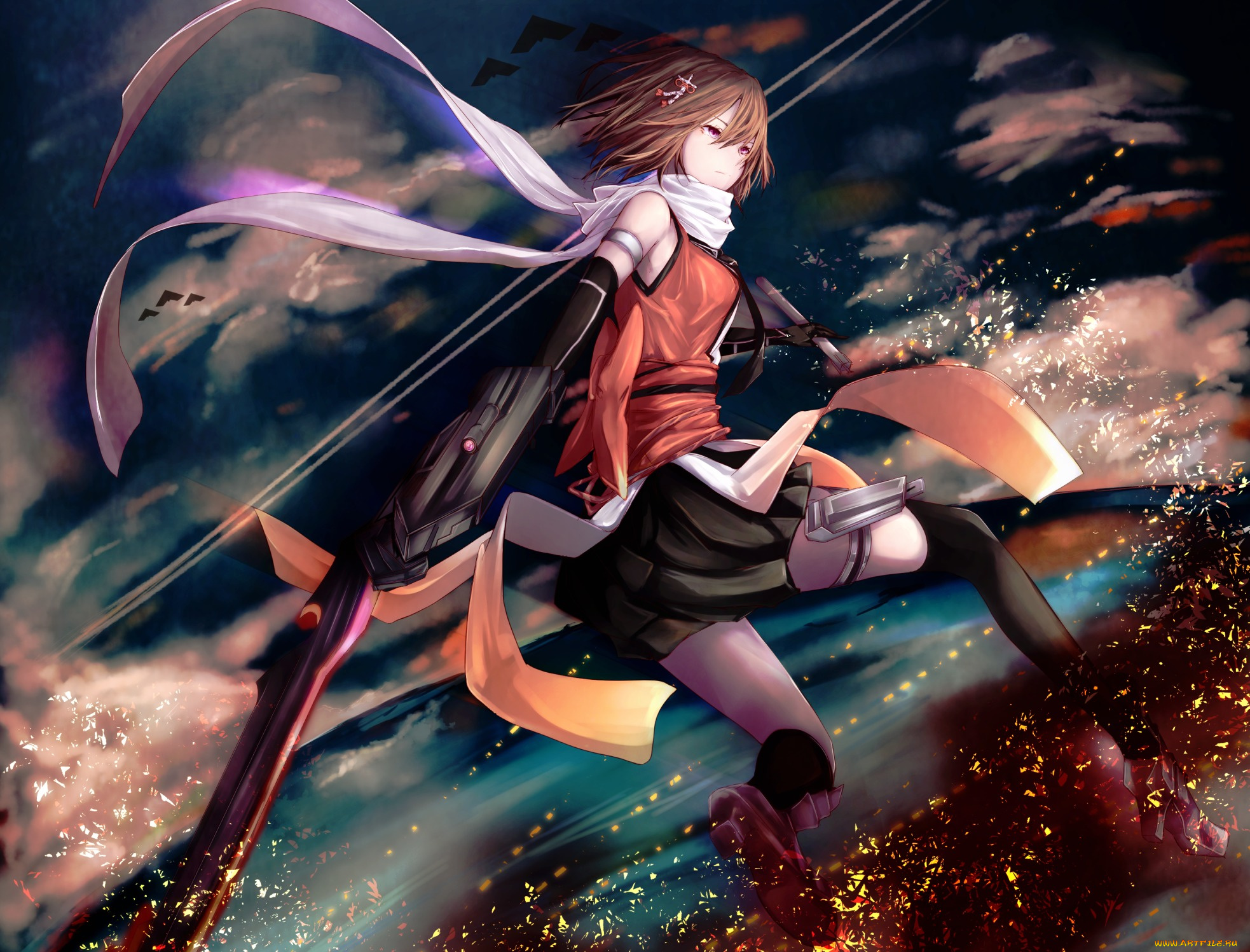 аниме, kantai, collection, art, marumoru, девушка, sendai, оружие, огонь, магия, kantai, collection