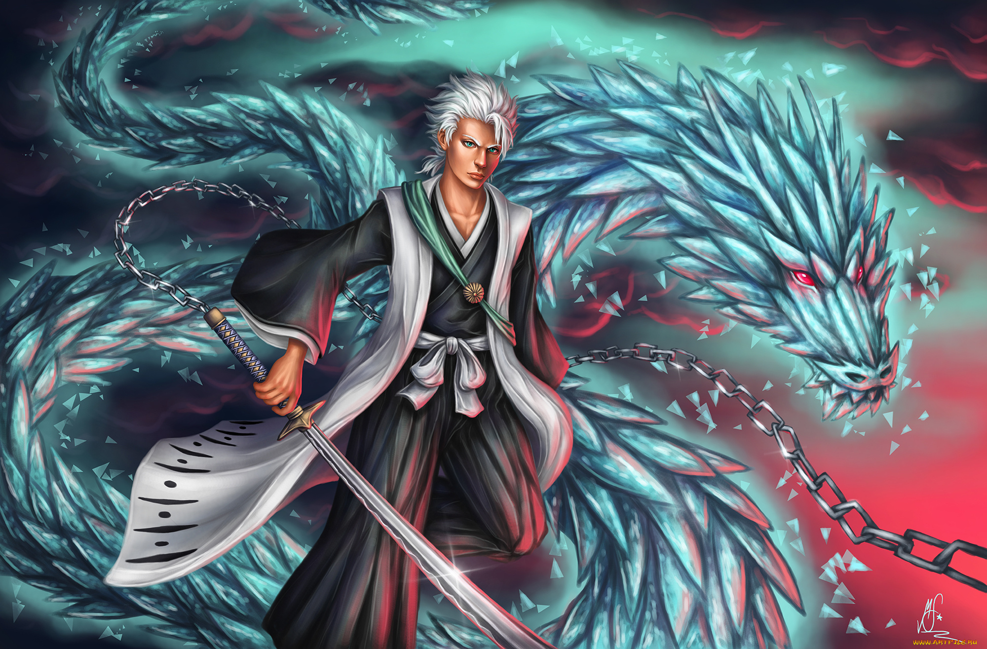 аниме, bleach, цепь, дракон, меч, парень, toshiro, арт