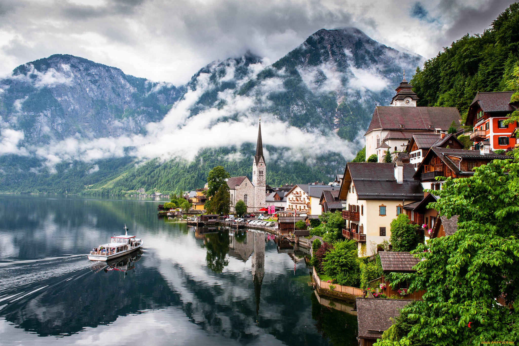 города, гальштат, , австрия, austria, горы, озеро, природа, церковь, hallstatt, дома, облака, город, гальштат, зальцкаммергут