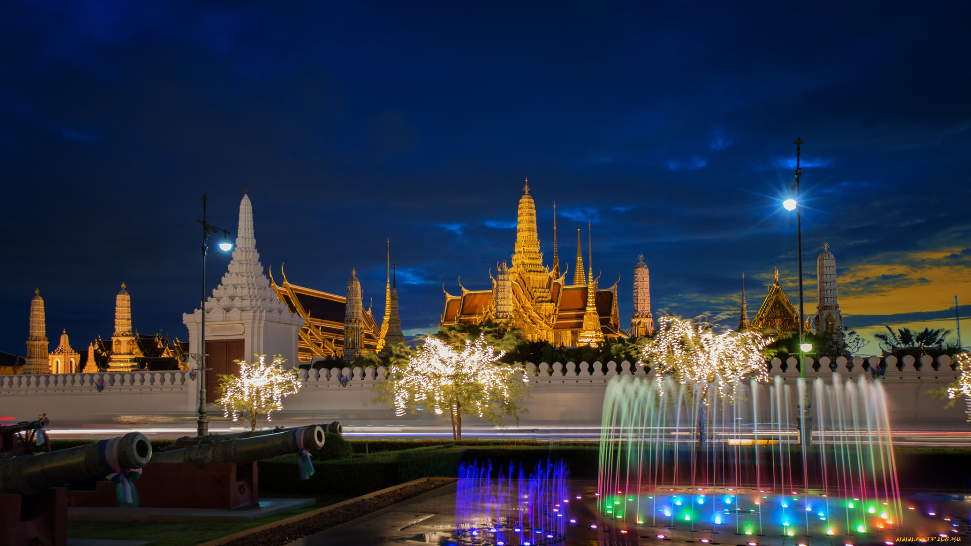 bangkok, города, бангкок, , таиланд, храм, фонтан, ночь