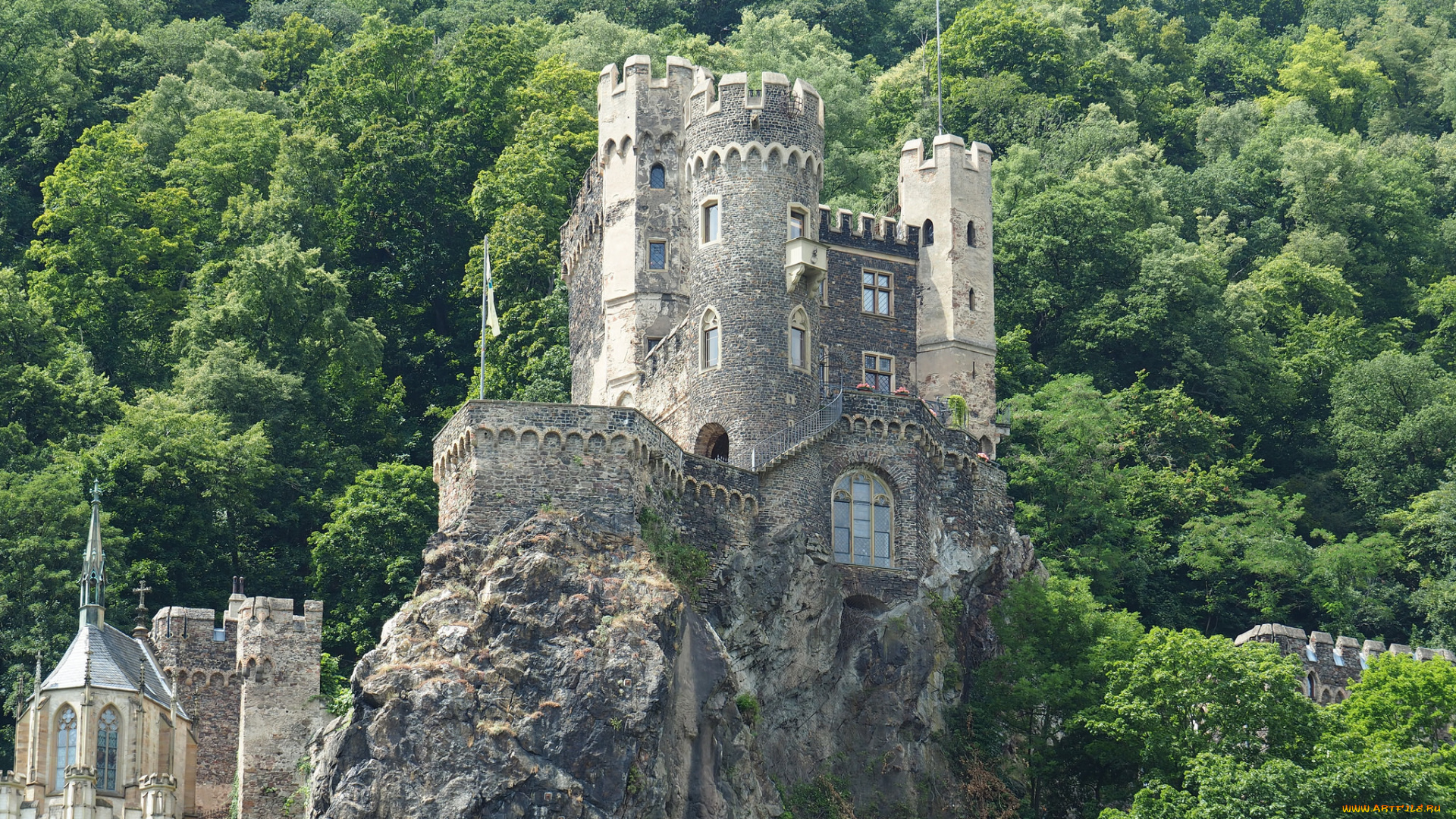 castle, on, the, rhine, города, -, дворцы, , замки, , крепости, замок, скала, лес