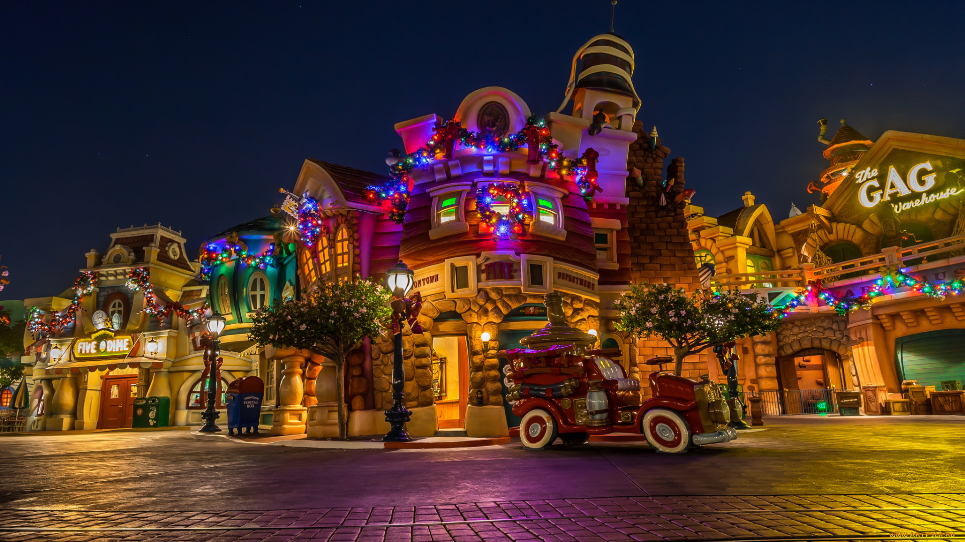 christmastime, at, toontown, города, диснейленд, огни, здания, парк, ночь