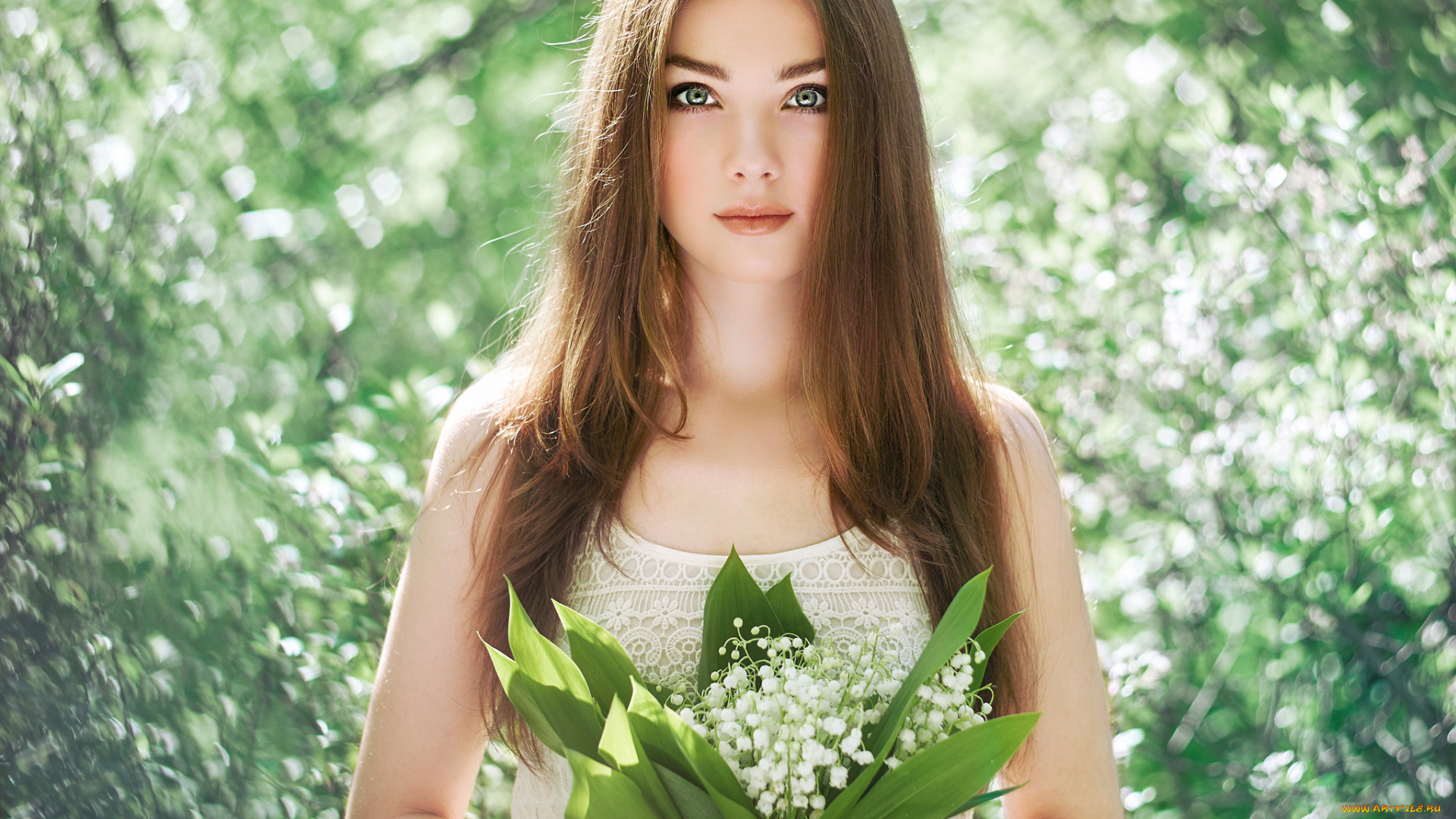 девушки, -unsort, , брюнетки, , шатенки, ландыши, букет, девушка, взгляд, русая