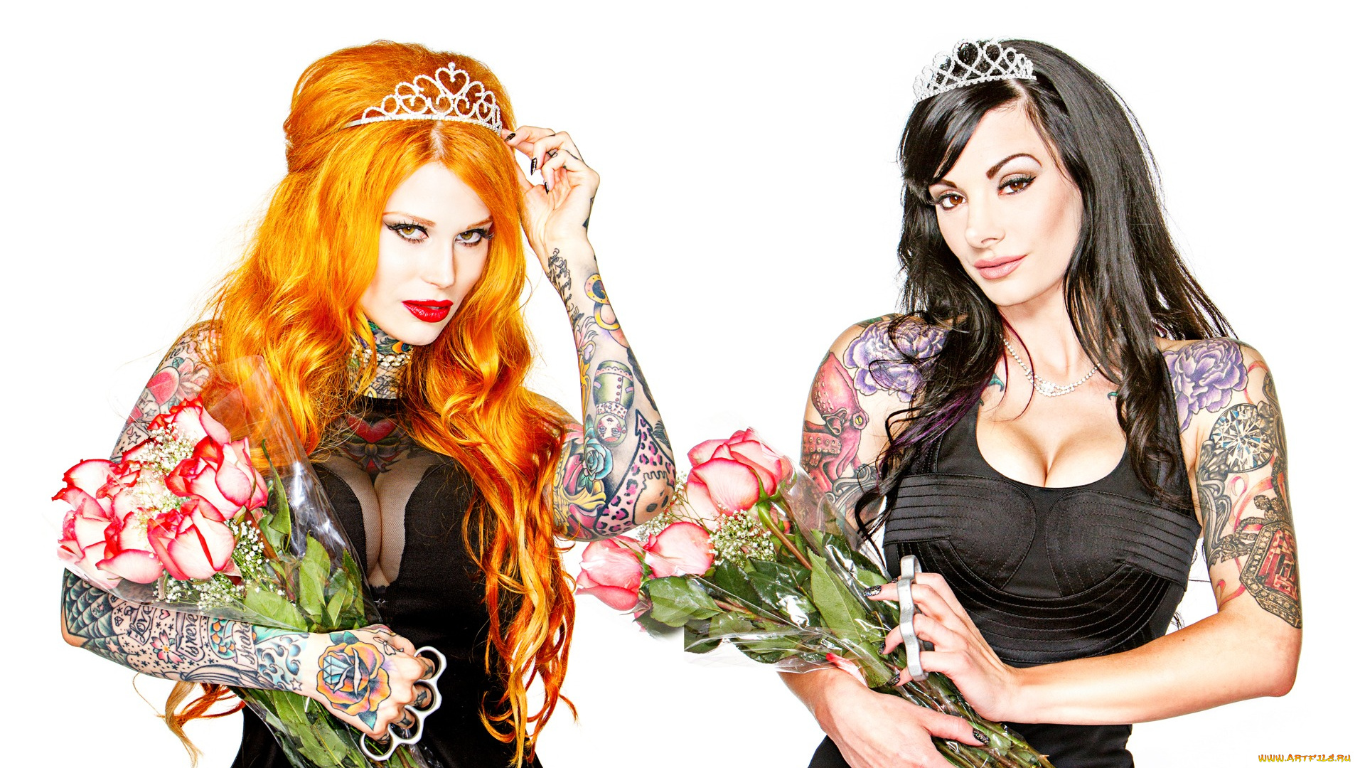 девушки, -unsort, , группа, девушек, philadelphia, tattooed, beauty, pageant, girls, miss, mary-leigh, maxwell, and, fallon, ven, detta, tattoo, рыжая, брюнетка, финалистки, конкурс, розы, кастет, диадема