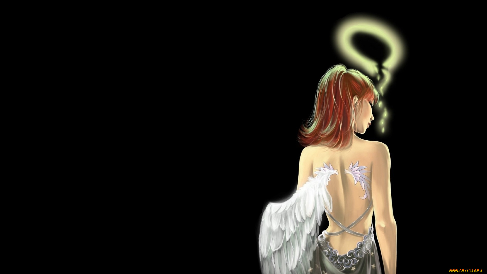 фэнтези, ангелы, черный, фон, крылья, нимб, девушка, ангел, спина