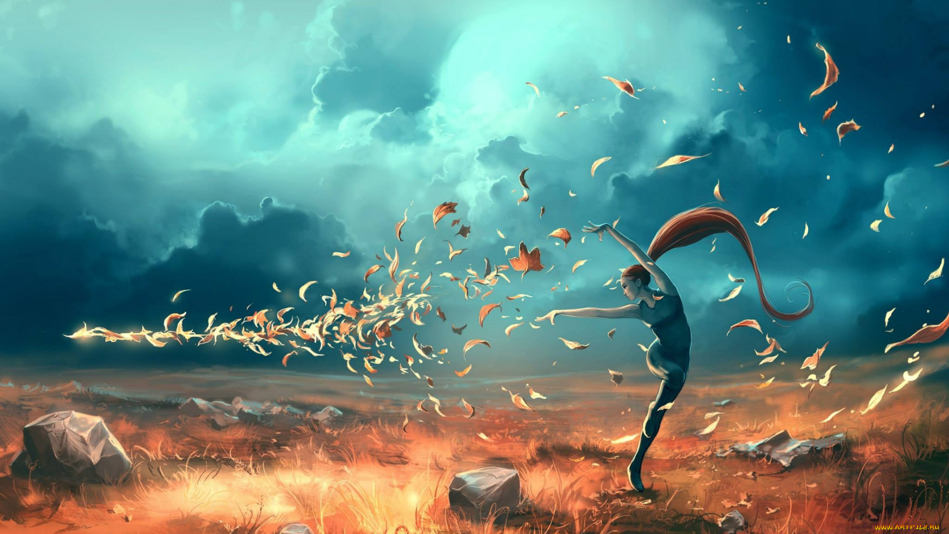 фэнтези, девушки, арт, листья, ветер, девушка