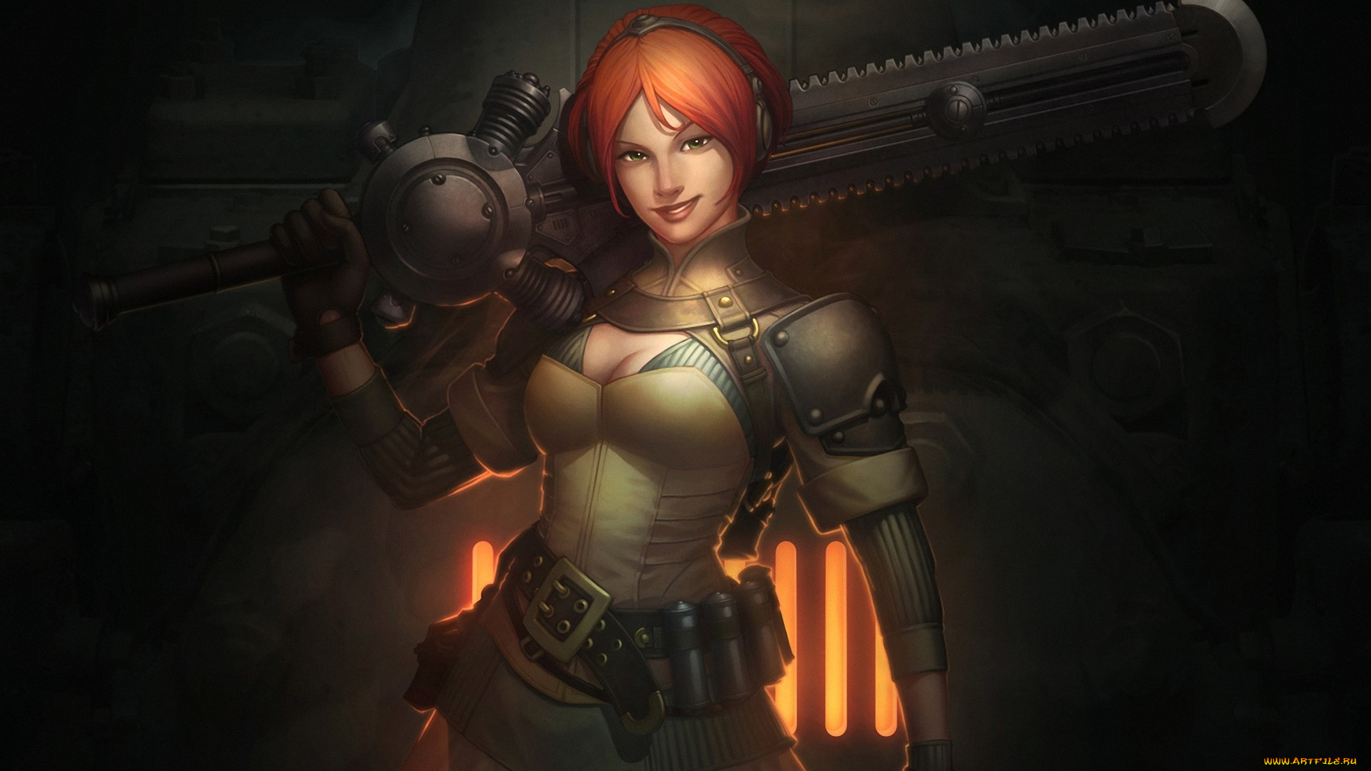 фэнтези, девушки, огонь, решетка, рыжая, улыбка, меч, девушка