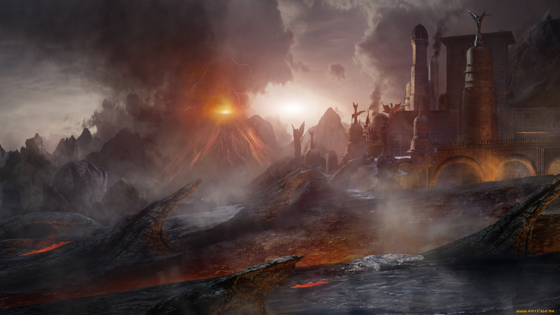 фэнтези, иные, миры, , иные, времена, фантастика, извержение, вулкан, арт, лава, храм