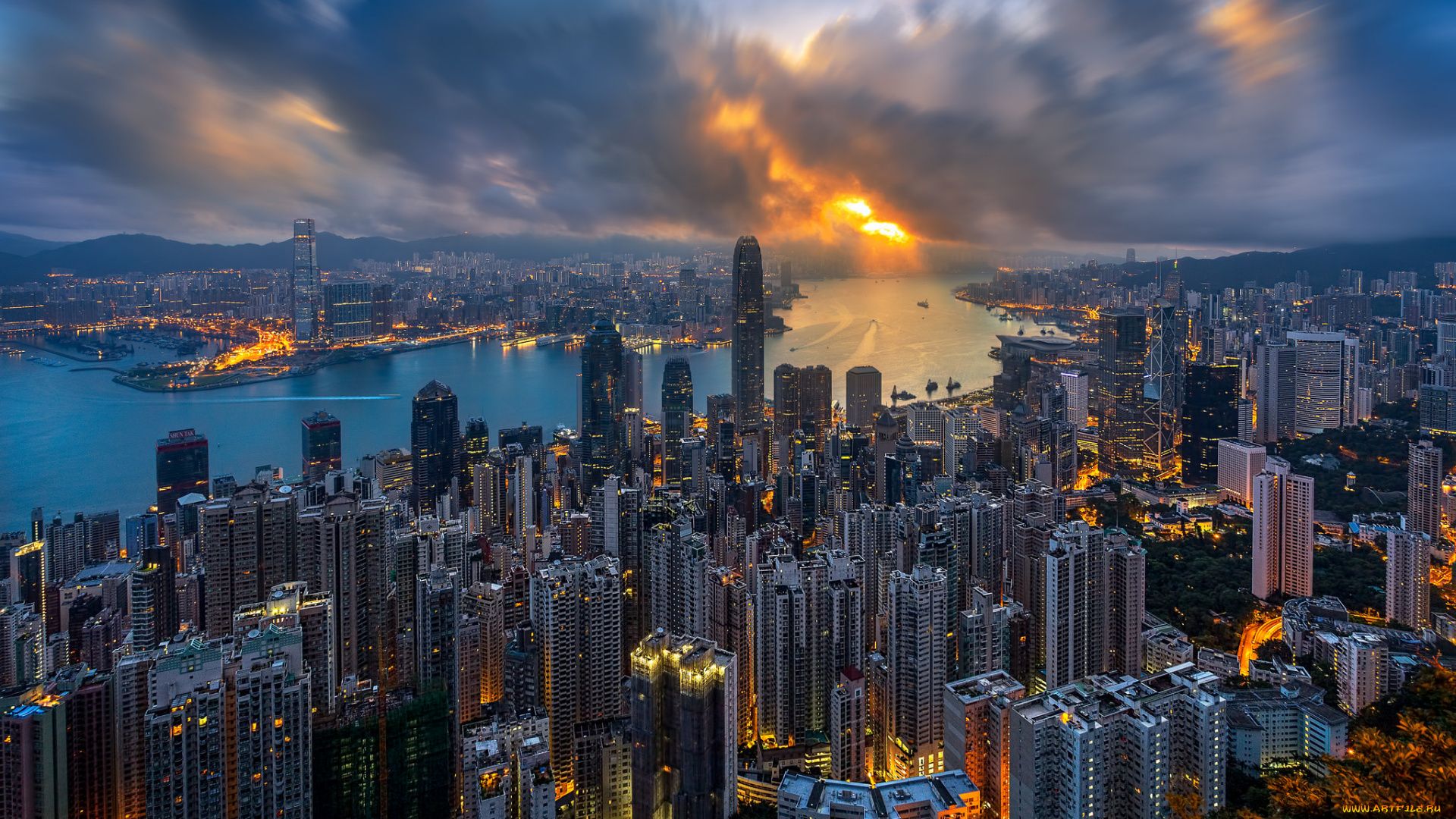 golden, hong, kong, morning, города, гонконг, , китай, утро, небоскребы, огни