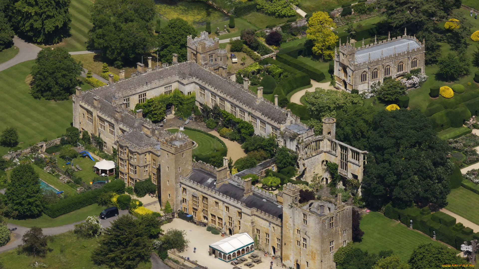 города, -, дворцы, , замки, , крепости, замок, кусты, sudeley, castle, великобритания, панорама, вид, сверху, деревья, сады, стены, дизайн, газоны