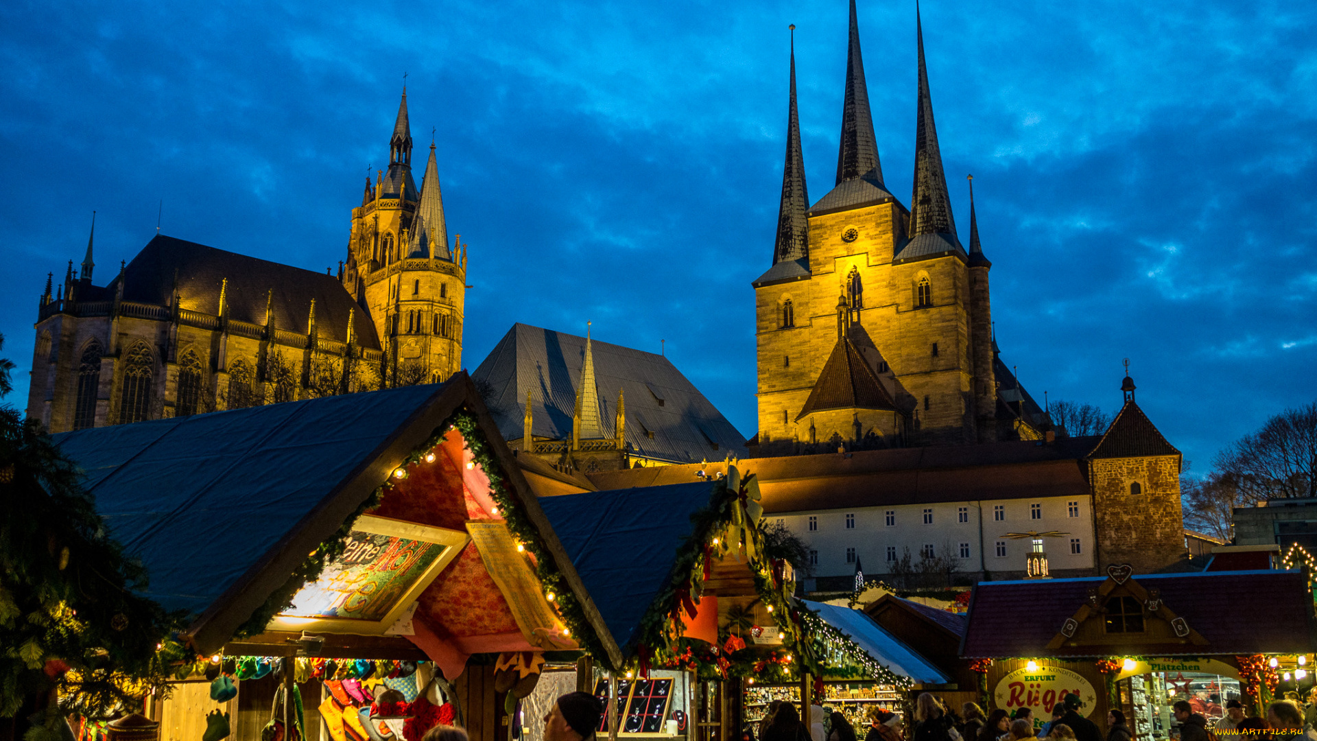города, -, католические, соборы, , костелы, , аббатства, площадь, собор, небо, эрфурт, ярмарка, вечер, германия
