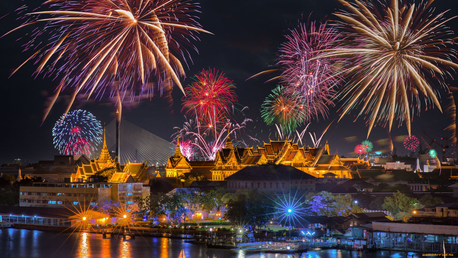 города, -, огни, ночного, города, фейерверк, храмы, река, ночь