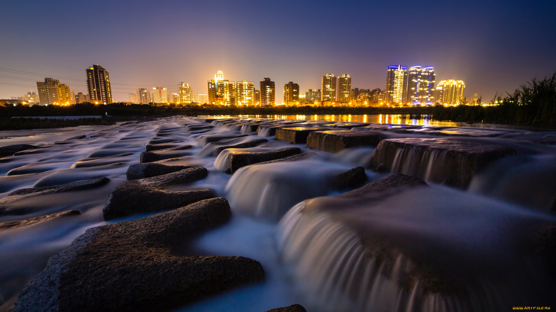 города, -, огни, ночного, города, город, дома, ночь, огни, камни, вода