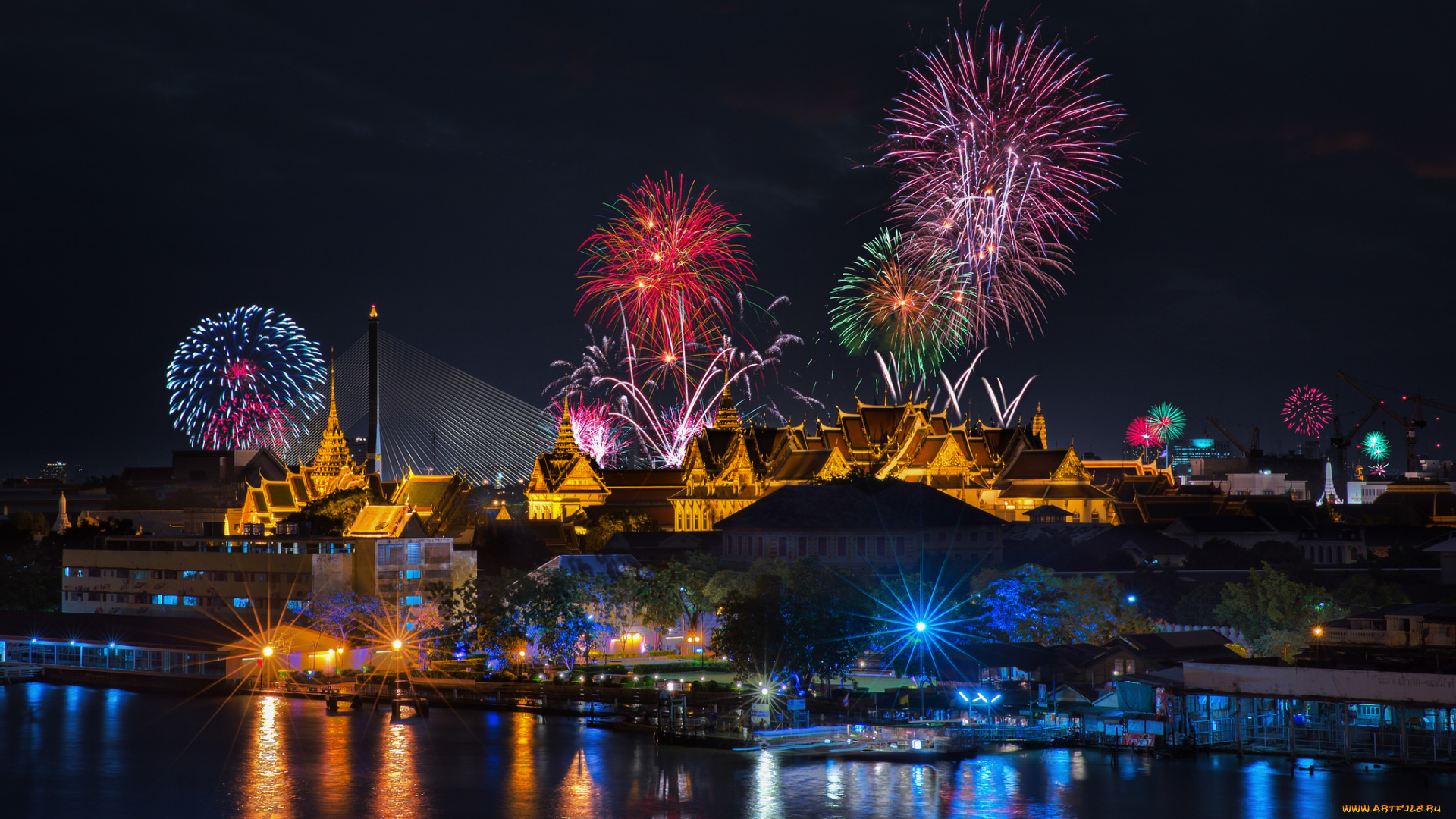 города, -, огни, ночного, города, река, ночь, фейерверк, храмы