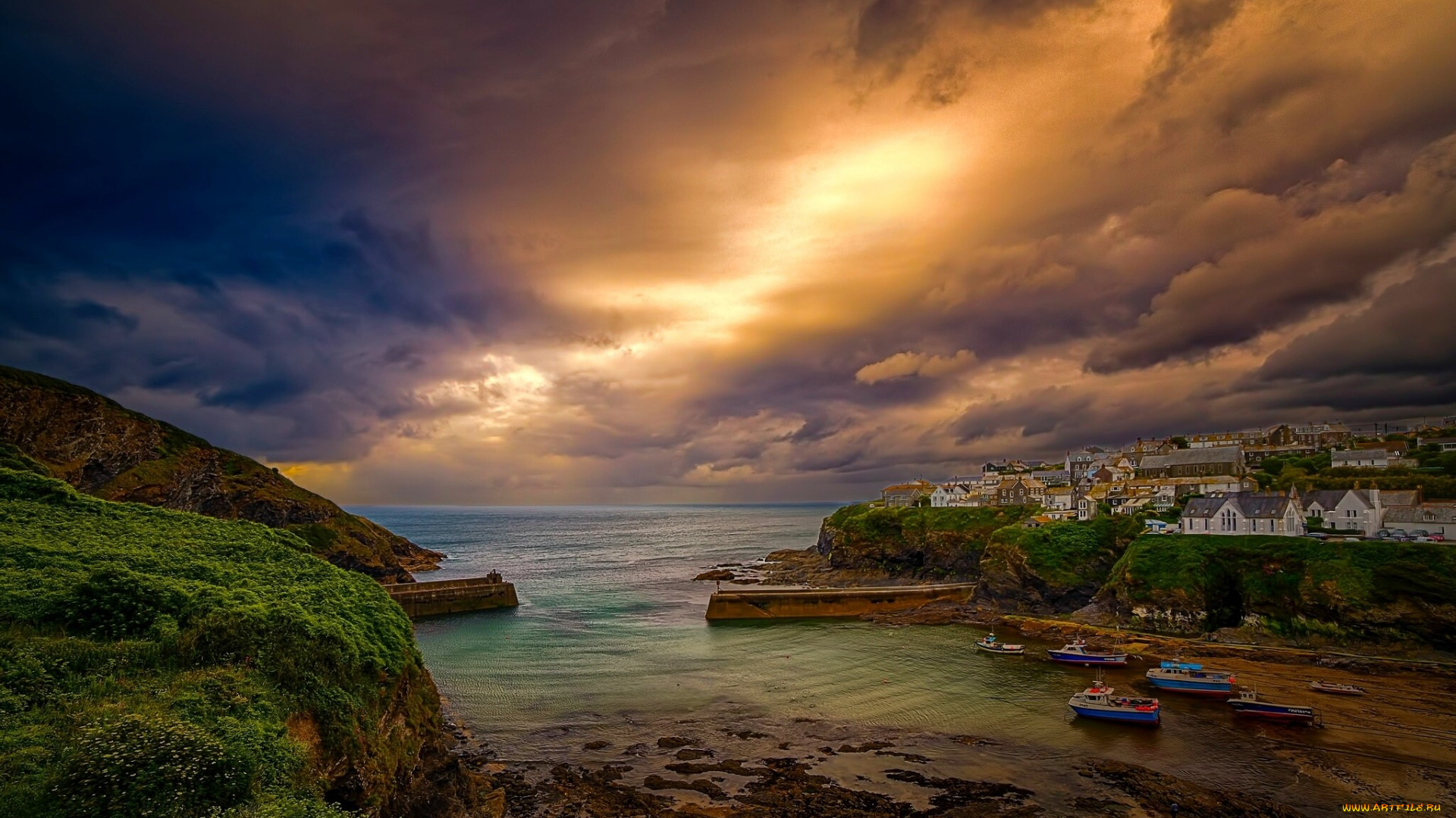 города, -, пейзажи, cornwall, england, celtic, sea, port, isaac, порт, исаак, англия, корнуолл, кельтское, море, корабли, деревня, побережье, бухта, тучи