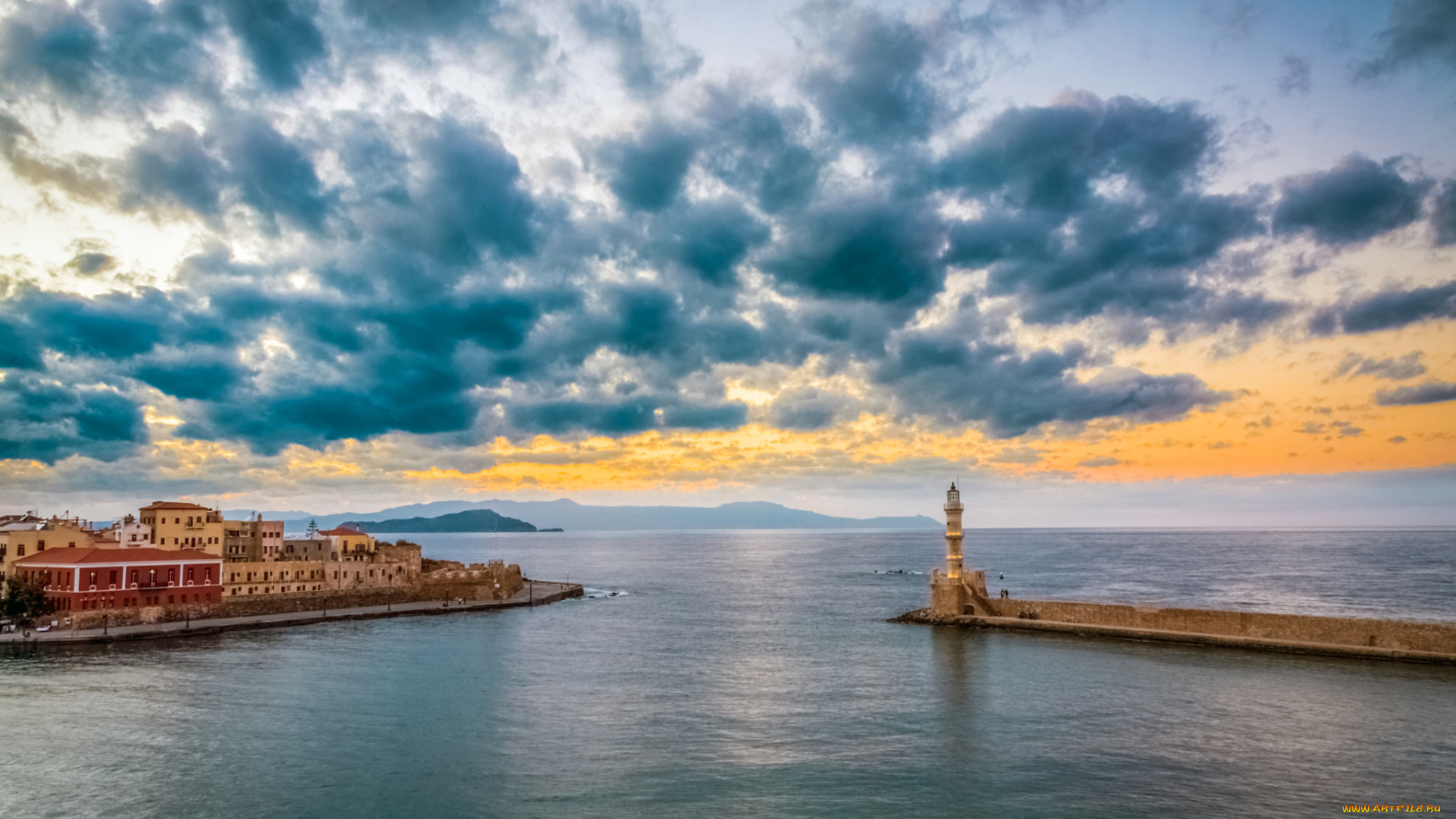 города, -, пейзажи, облака, море, дома, маяк, греция, закат, панорама