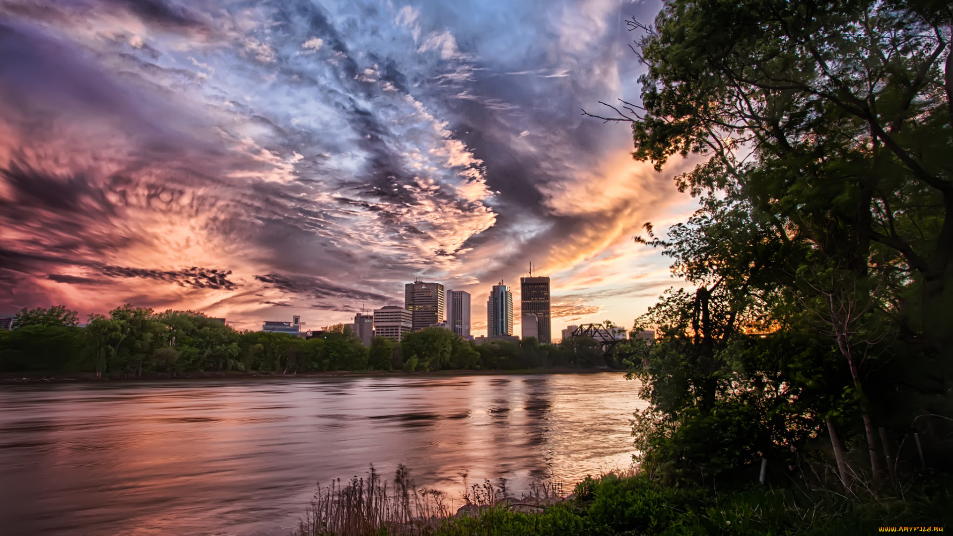 города, -, пейзажи, река, лес, здания