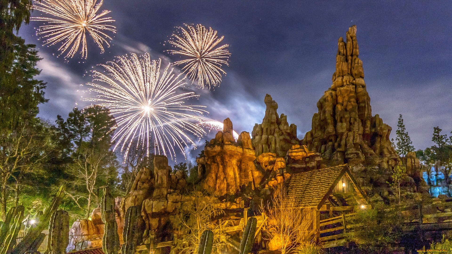города, диснейленд, фейерверк, парк, ночь