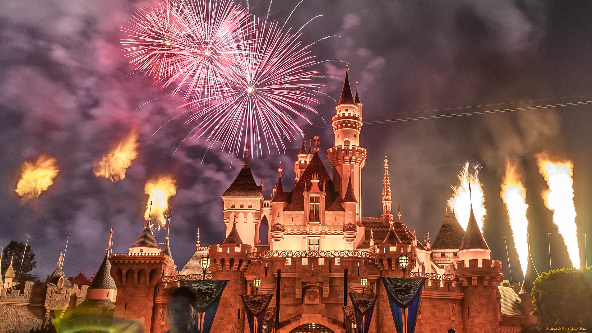 города, диснейленд, парк, фейерверк, ночь