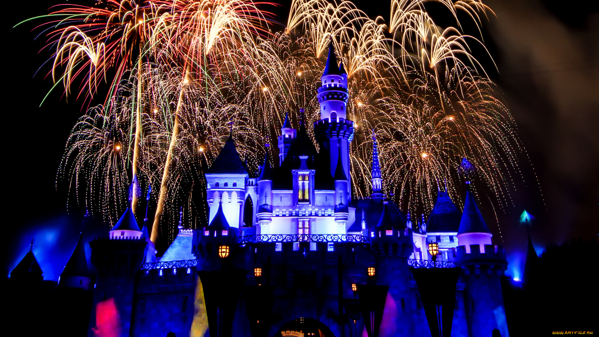 города, диснейленд, парк, фейерверк, ночь, замок