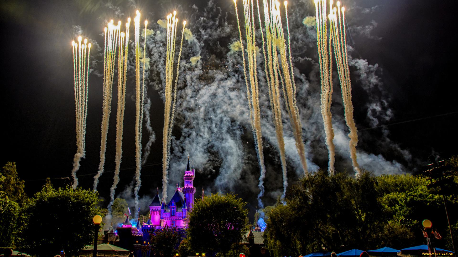 города, диснейленд, замок, парк, фейерверк, ночь
