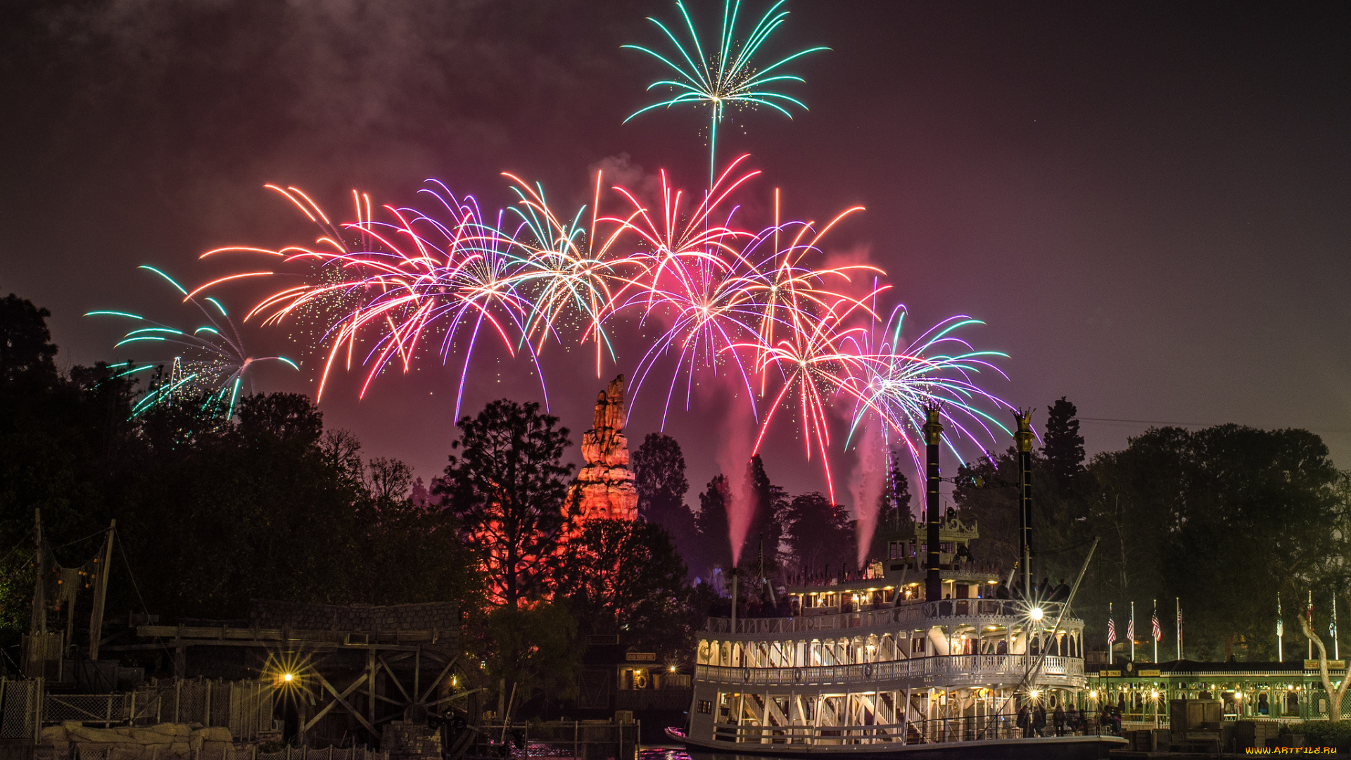 города, диснейленд, замок, парк, фейерверк, ночь