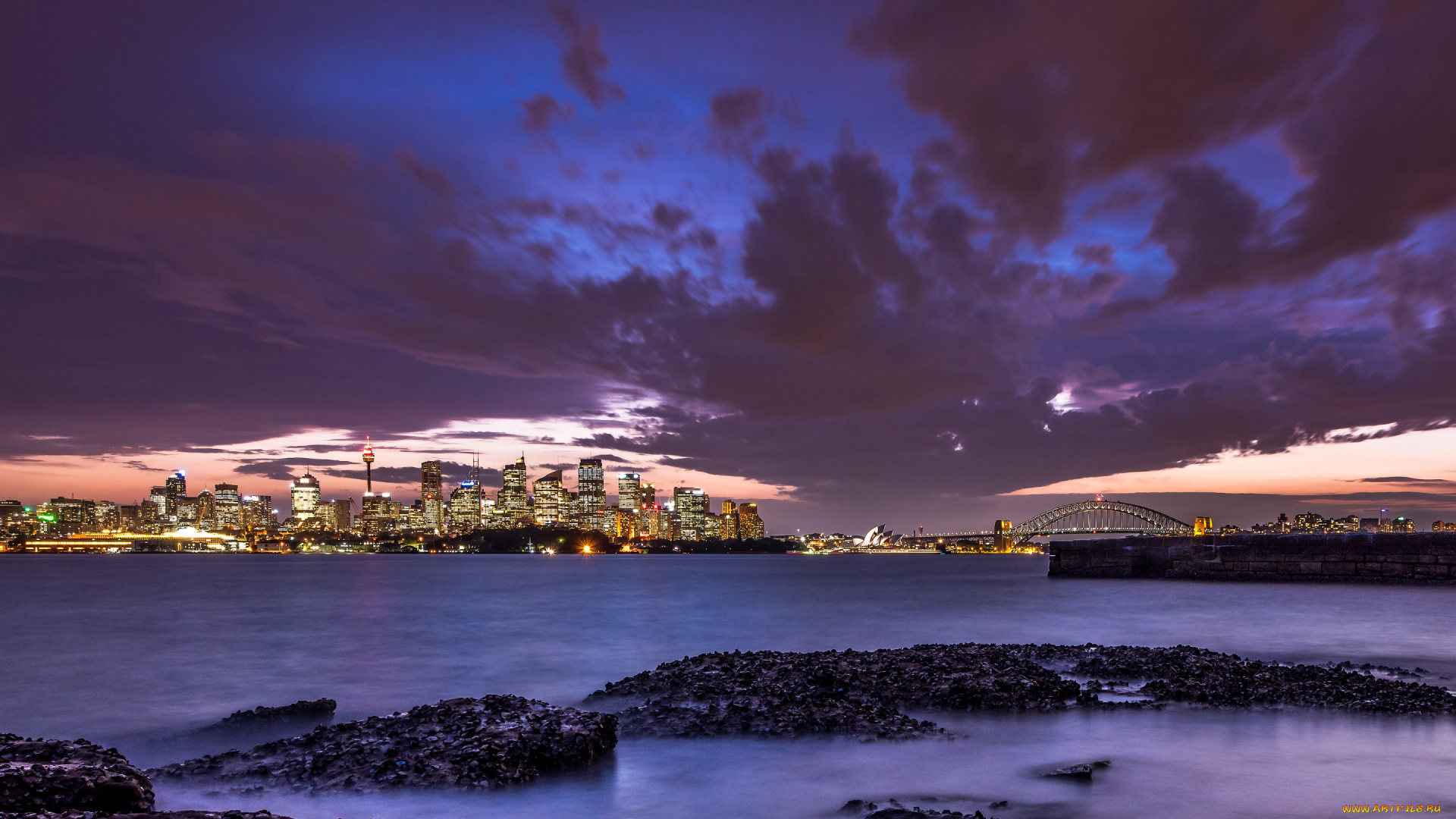 города, сидней, , австралия, город, ночь, берег, пролив, australia, sydney, bradley's, head