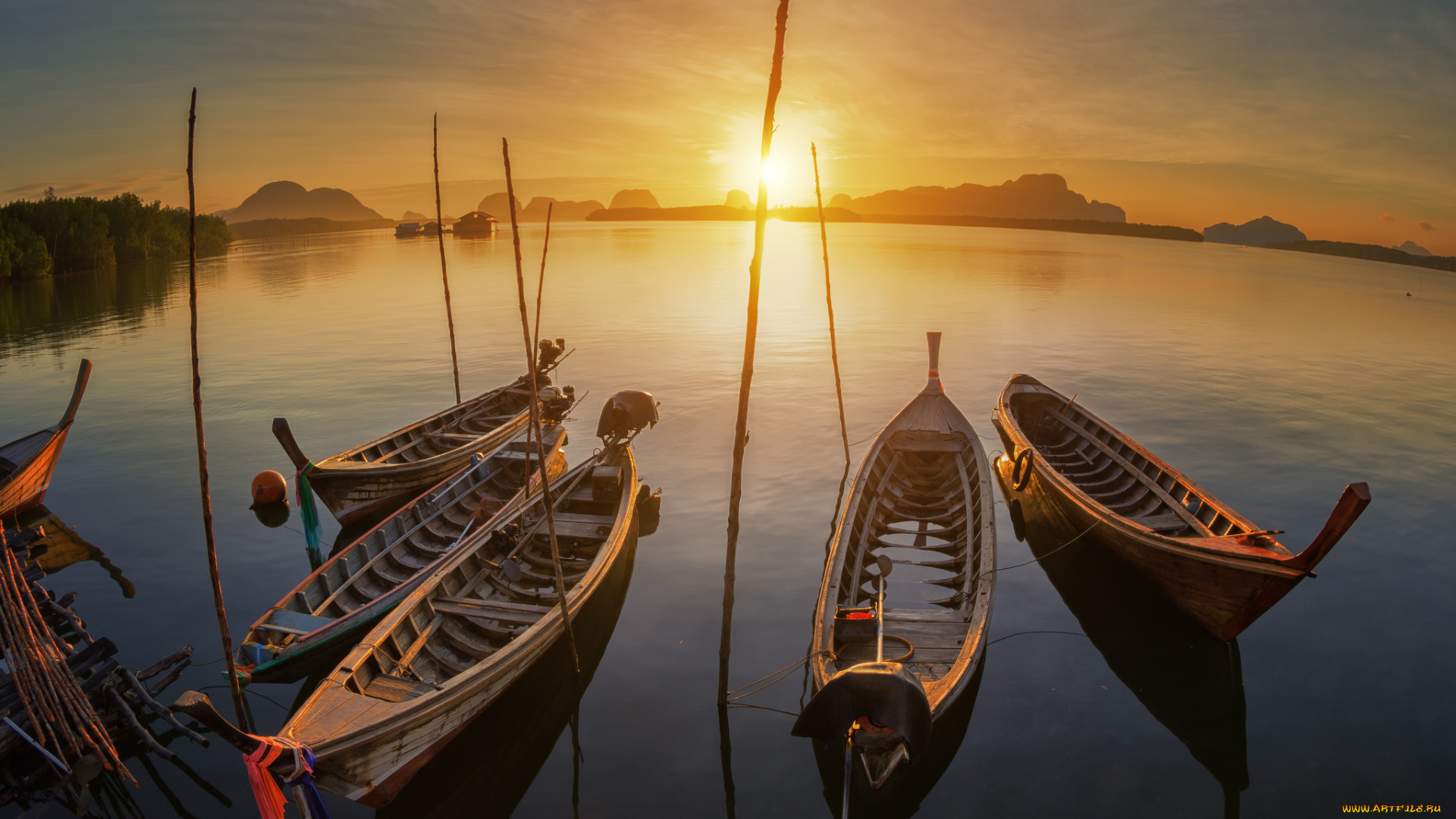 корабли, лодки, , шлюпки, закат, горизонт
