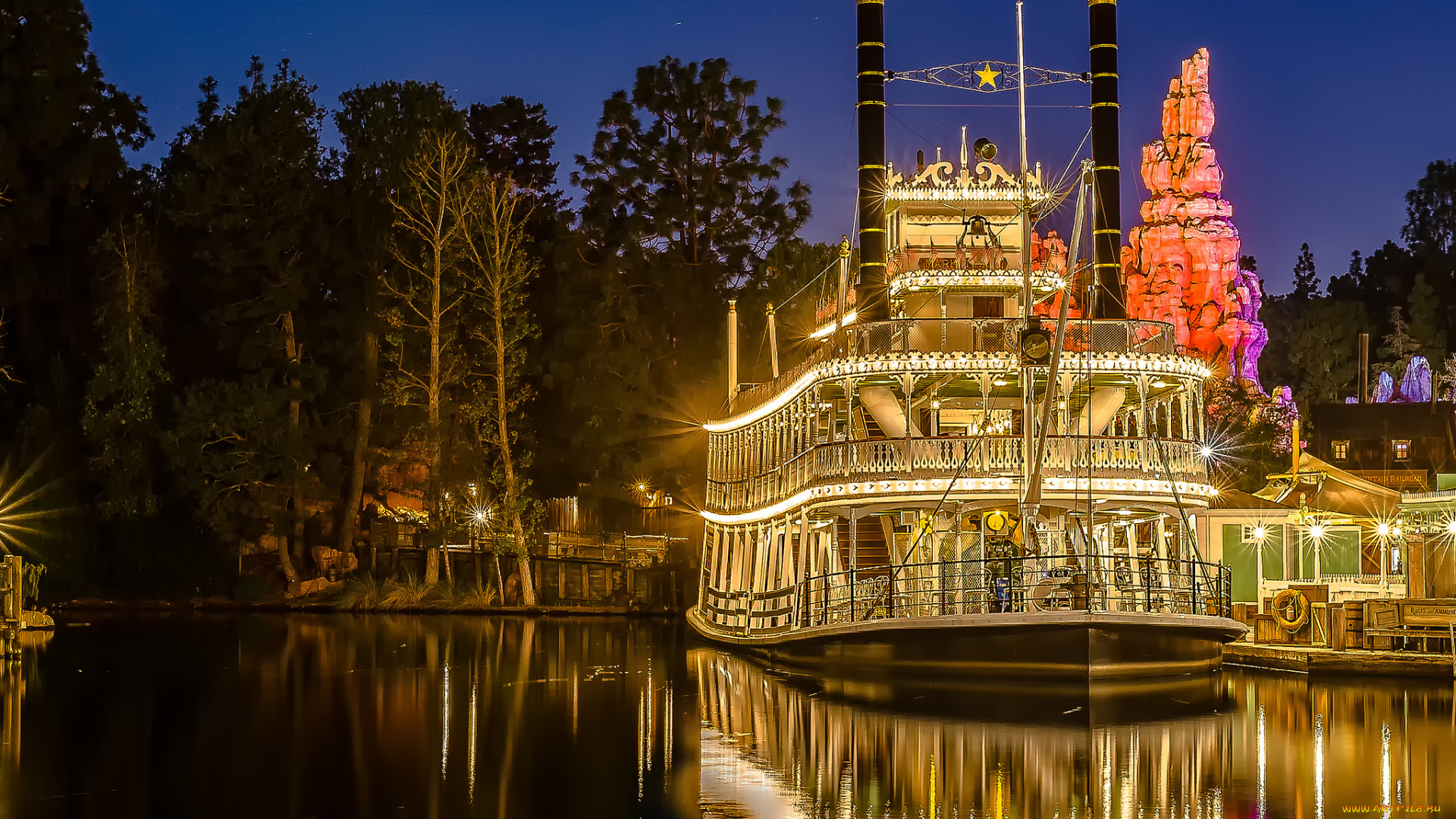 корабли, пароходы, ночь, пароход, река