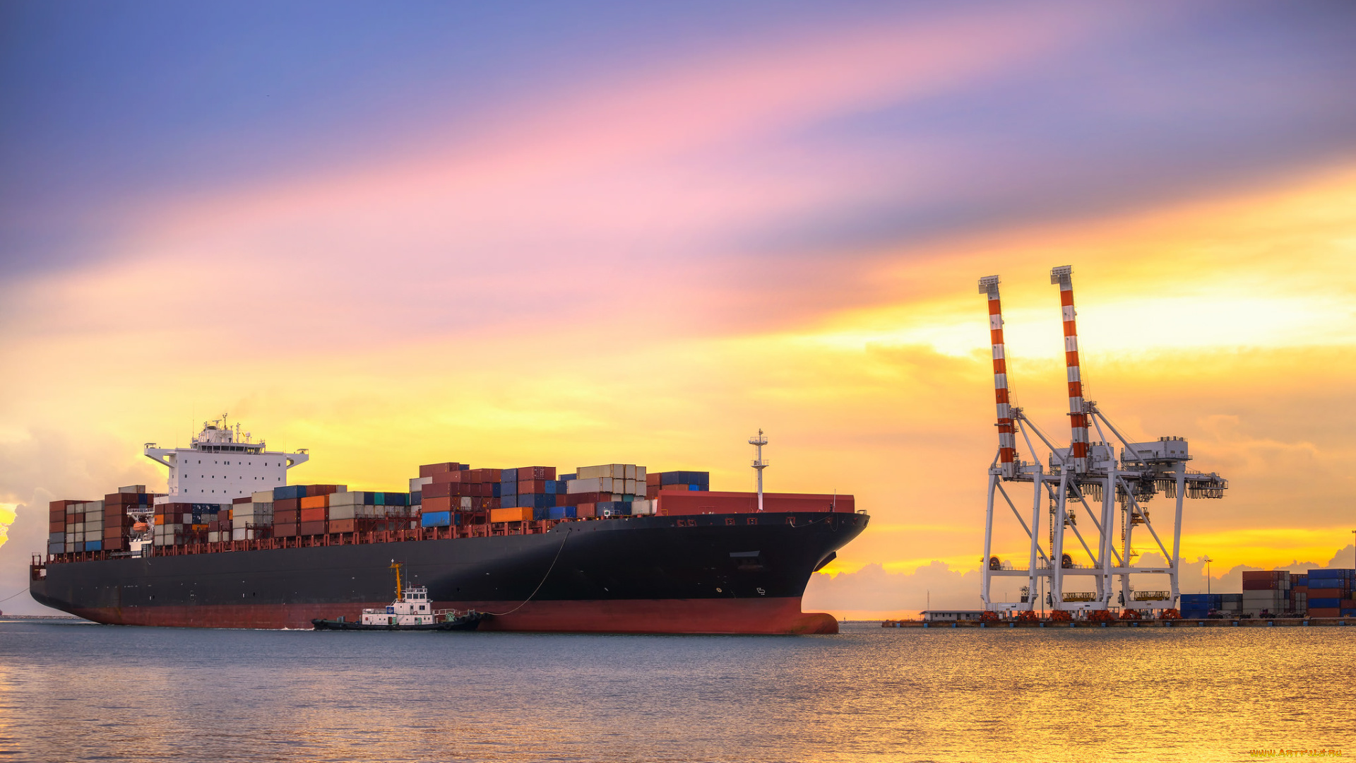 корабли, разные, вместе, буксиир, контейнеровоз, порт, гавань