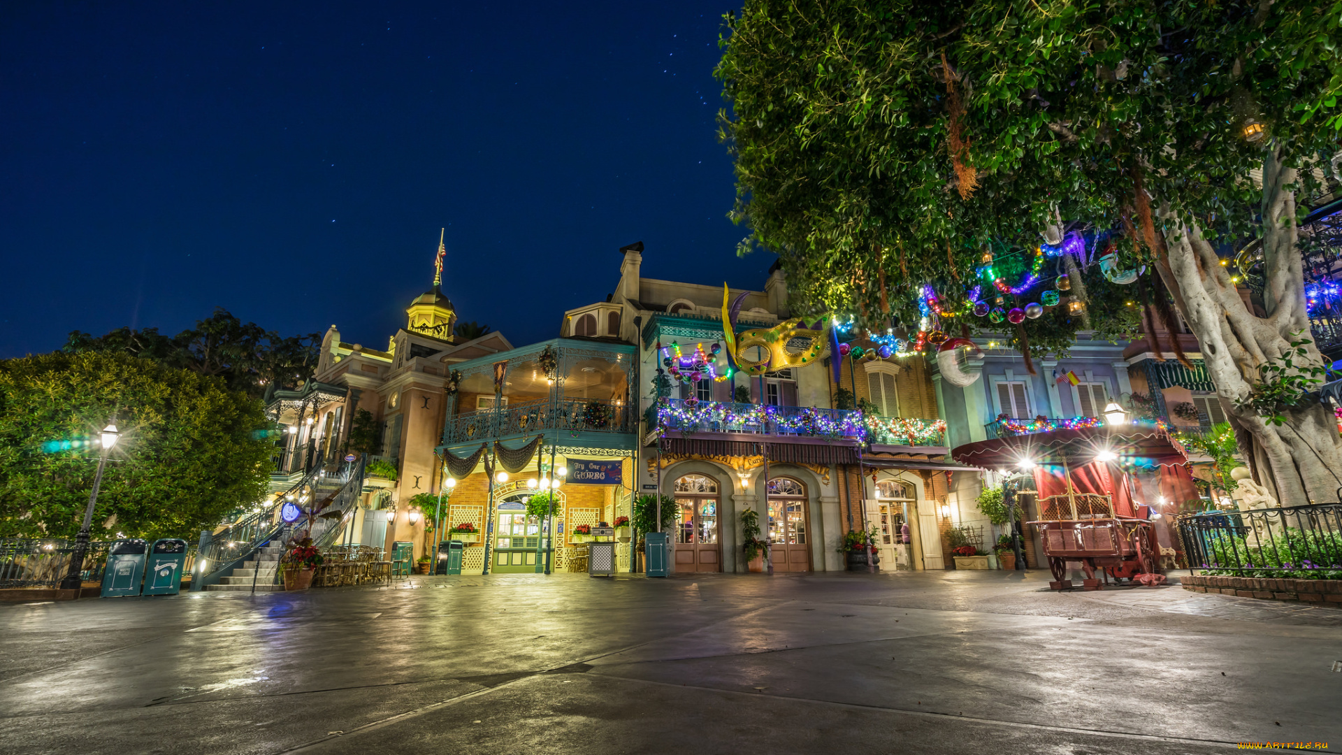 late, night, in, new, orleans, города, диснейленд, огни, здания, парк, ночь
