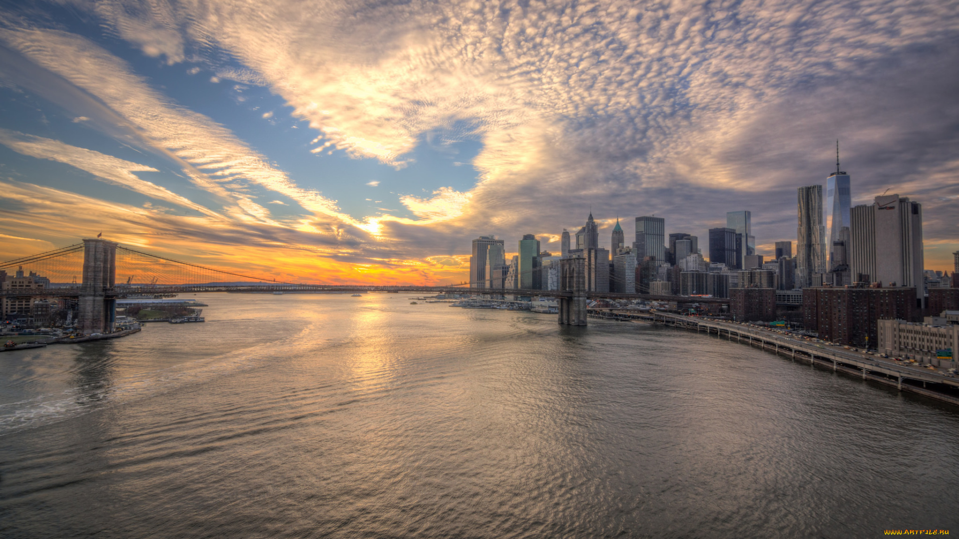 manhattan, bridge, города, нью-йорк, , сша, заря, небоскребы, мост, залив