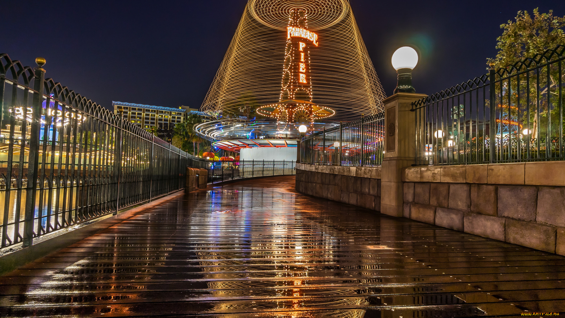 paradise, pier, after, world, of, color, города, диснейленд, огни, фонари, мост, ночь